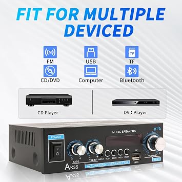 AK35 Home Audio Amplifier Receiver-2 Channel 200W2 Stereo Amplifier, Bluetooth 5.0 Speaker Amp, Supports FM Radio/USB/SD Card Playback, Includes Remote Control; Home Theater Stereo Audio Component