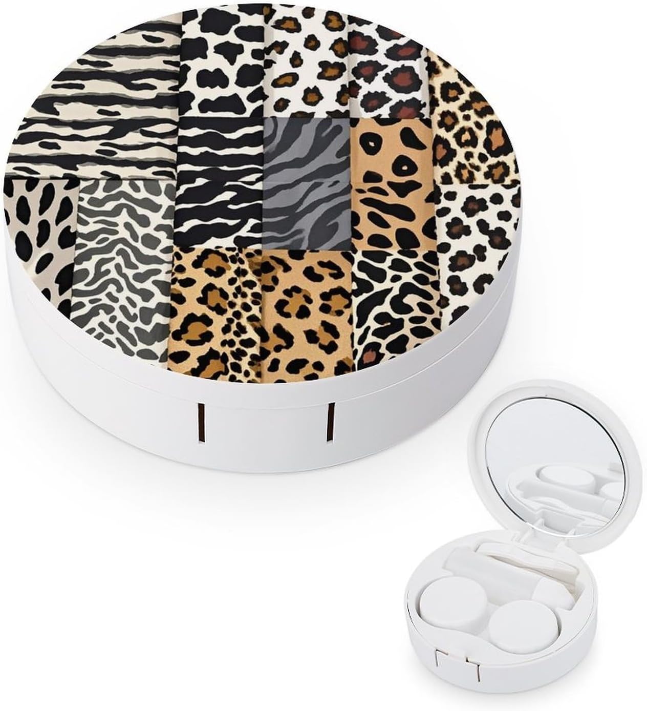 Leopard with Brownish Contact Lens Case Portable Contact Case Soak Storage Kit Cute Contact Lens Solution Bottle with Mirror Tweezers Solution Soaking Cases for Daily Travel Outdoor Use