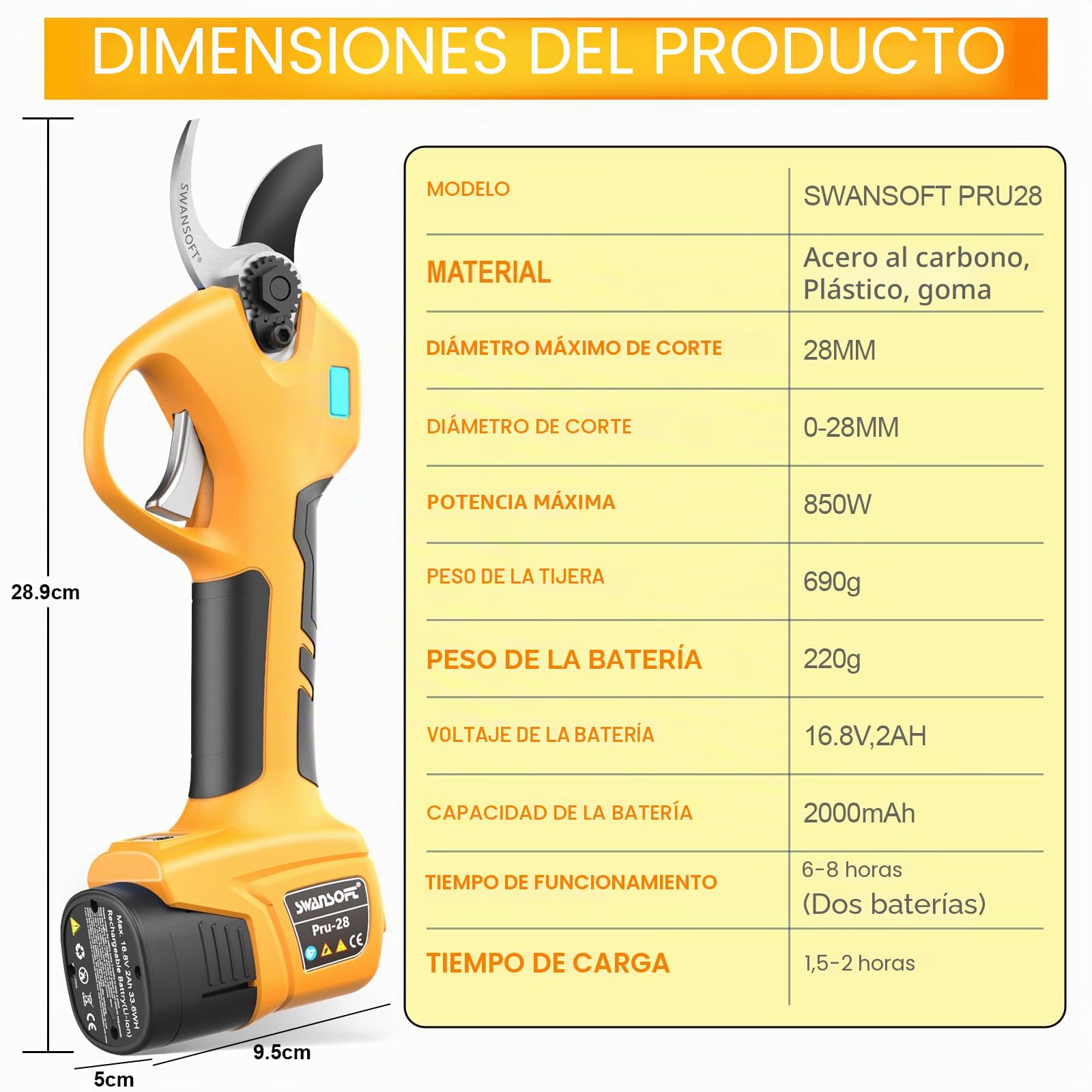 SWANSOFT Tijeras de Podar Electricas, 28mm 16,8V 850W Podadora Eléctrica de con Batería | Tijeras de Podar Eléctricas de Mano, Amarillo/Negro