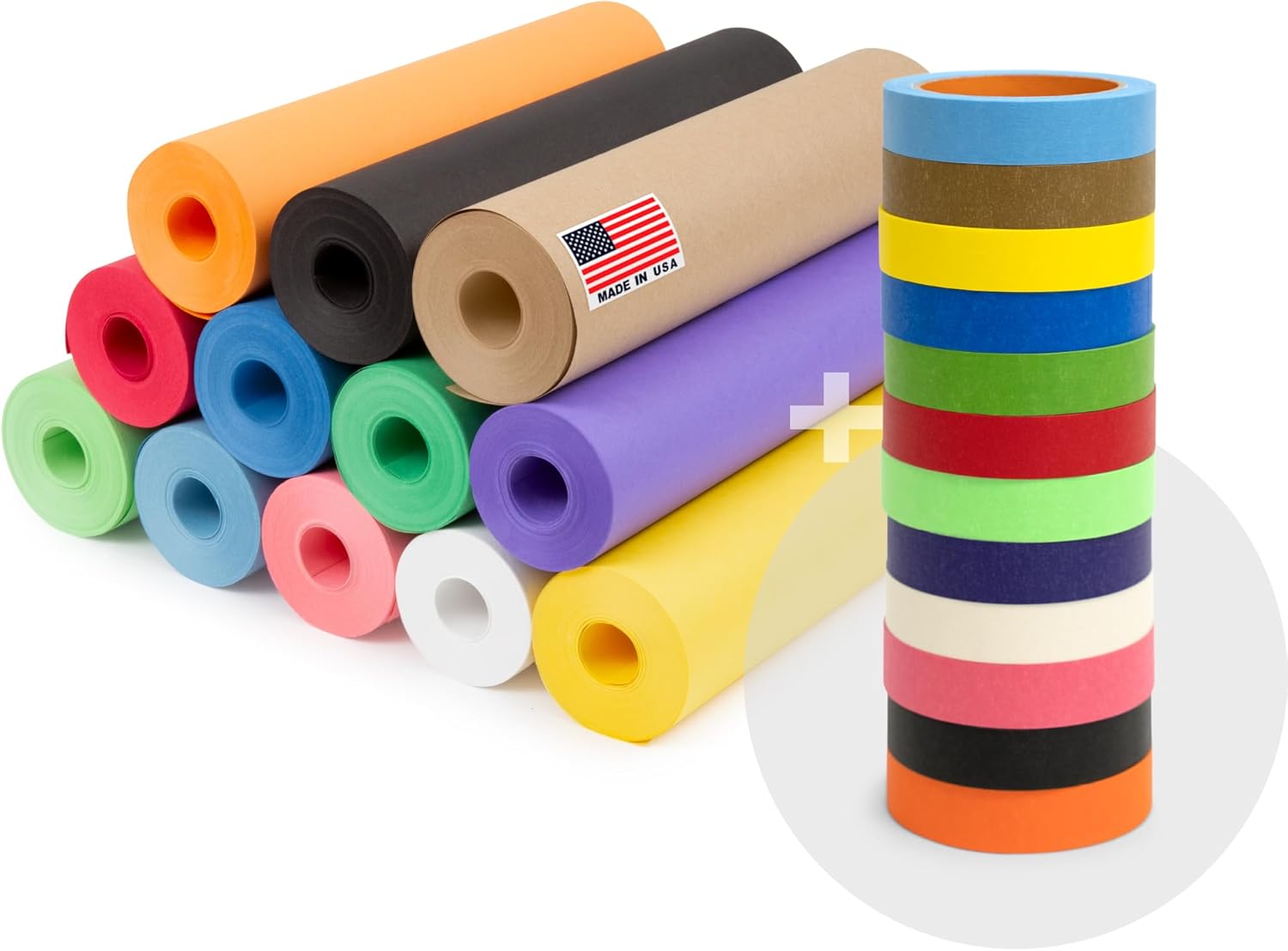 12 Rolls of 12" x 1200" Colored Kraft Paper and 12 Rolls of Colored Masking Tape (1” x 1080 ft) - Matching Vibrant Colors - Bulk Kids Craft Supplies - For Arts, Decoration, DIY, School Projects