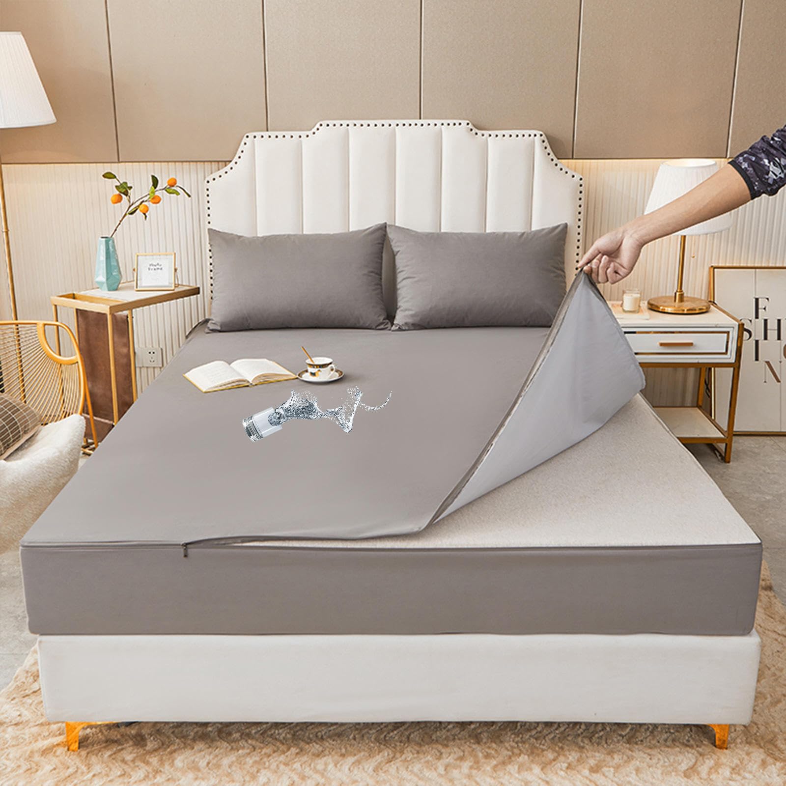 Sábana Ajustable con Cremallera, Protector de colchón, Impermeable, Transpirable, Antipolvo, Lavable, Funda de protección Total, Gris A-90 x 200 + 15 cm