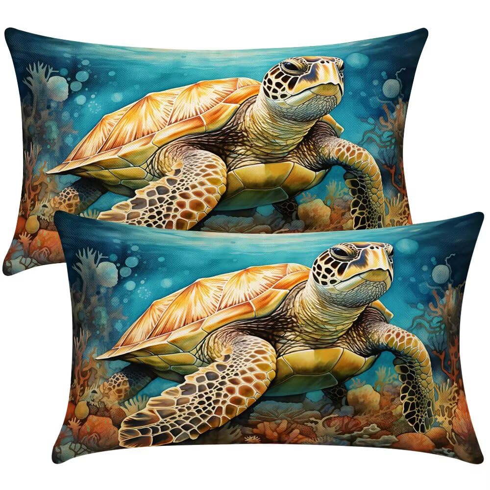 Cushion Covers 20cm x 30cm Animals Cushion Cover 8 x 12 Inches Pack of 2 Throw Pillow Covers Turtle Sofa Cushions Polyester Linen Decorative Pillowcases for Couch Living Room Bedroom Home Decor -SC367