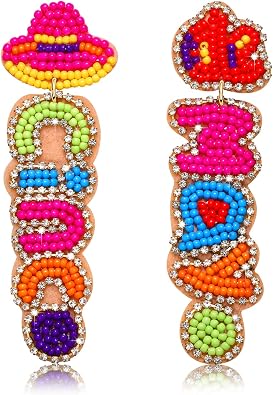 Mexican Earrings for Women, Beaded Fiesta Earrings Cinco de Mayo Earrings, Handmade Pinata Chili Sombrero Dangle Earrings Mexico Fiesta Party Supplies Jewelry Gifts