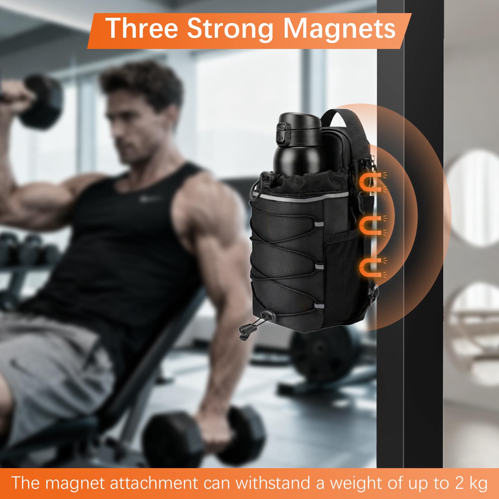 Sac Magnetique Salle De Sport avec Porte Gourde 1.5L, Sac Bandouliere Homme Femme pour Fitness, Musculation Et Running, Pochette Etanche pour Telephone Et Accessoires Sport