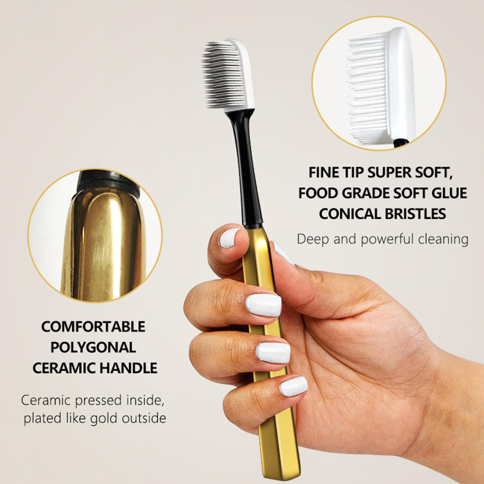 Z-VAPRESS Cepillo de dientes de viaje de cerámica dorado chapado en oro con 2 cabezales de repuesto gratis con cerdas blancas de silicona suave