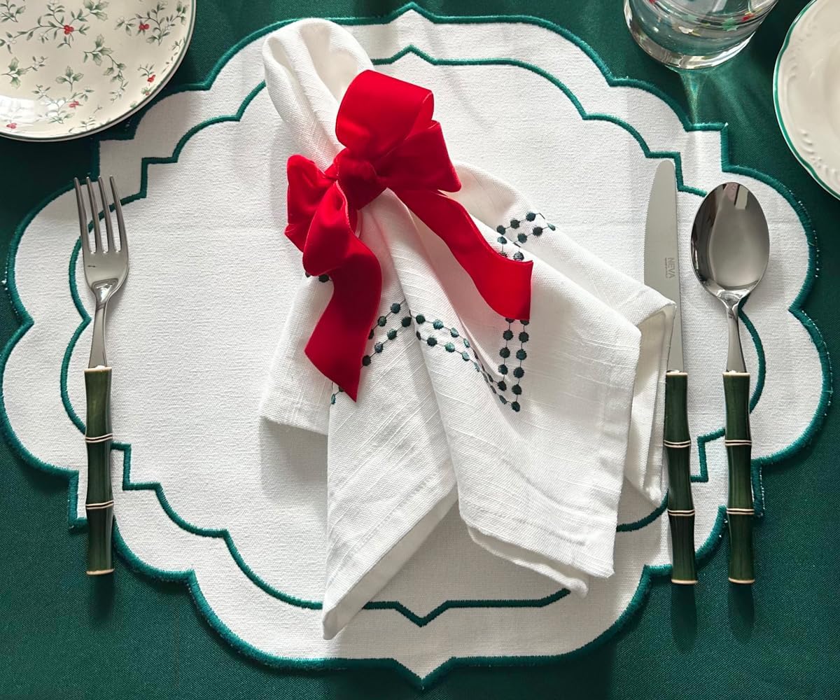 All Cotton and Linen Green Placemats, Embroidery, 100% Cotton, Oval Cloth Placemats for Dining Table Set of 4, Linen Table Mats, Farmhouse, Wedding, Party Dining Table Place Mats Washable, 17x14