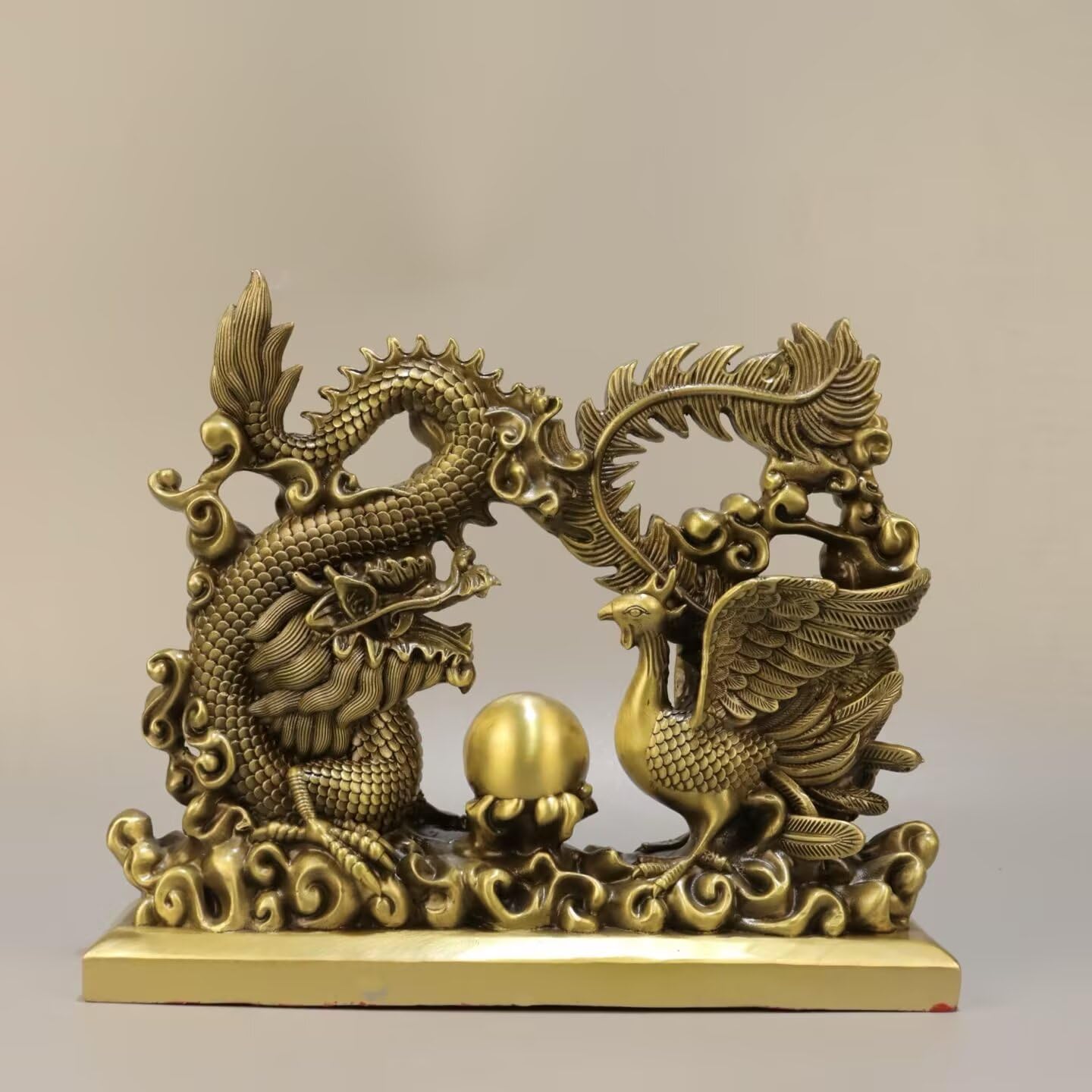Dytartzx Solid Copper Dragon Phoenix Statue, Handcrafted Fengshui Auspicious Ornament, Chinese Cultural Sculpture for Home Office Entryway Decor, Good Luck & Prosperity