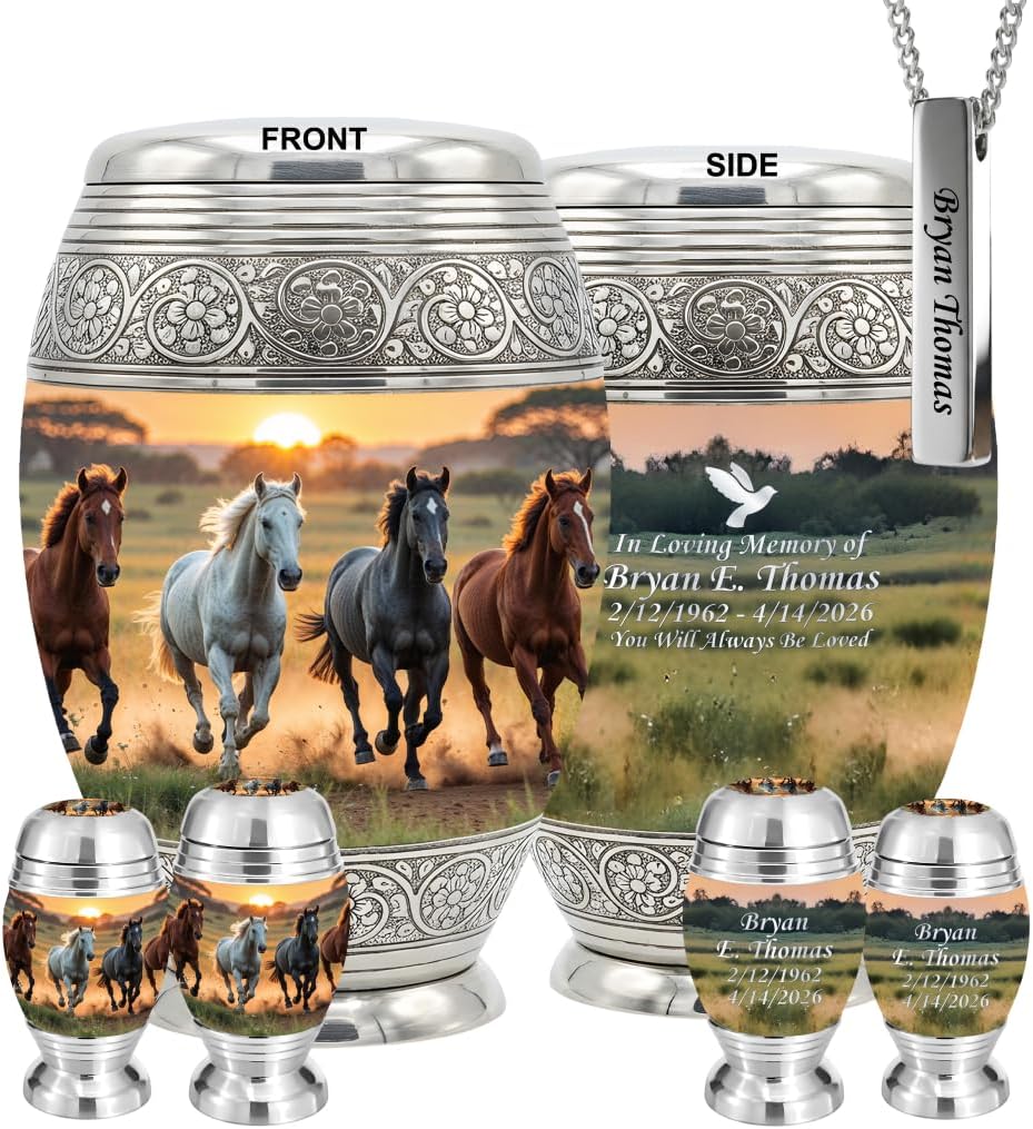 Set of 6 Cremation Urns for Human Ashes Includes 1 Large Urn with 4 Small Keepsakes & 1 Silver Necklace - Aurora Lake