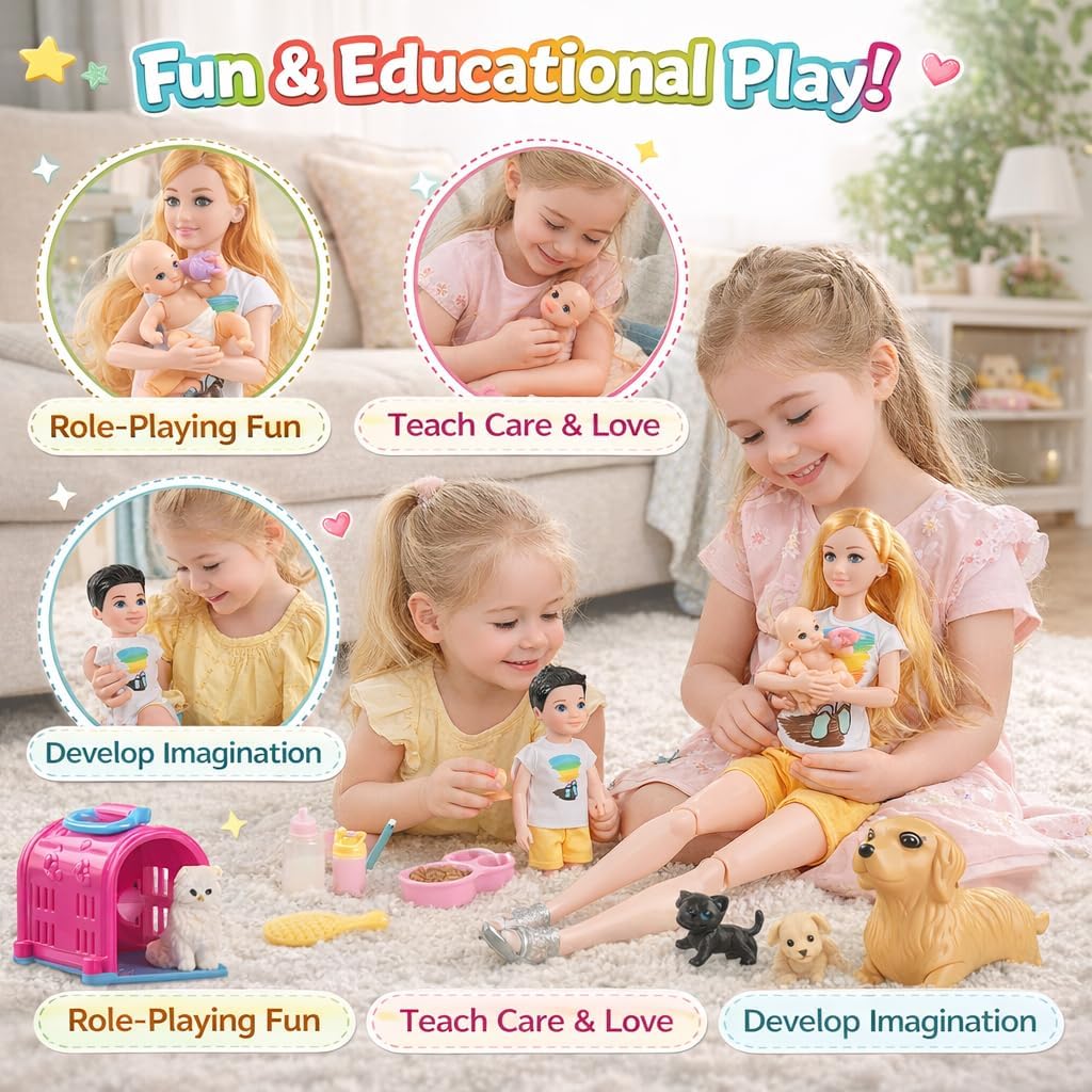 Family Doll Playset for Kids with Pregnant Mom Doll, Dad, Kids, Dollhouse Pets & Accessories – Pretend Play Toy Set for Boys & Girls, Interactive Family Storytelling Imagination Gift