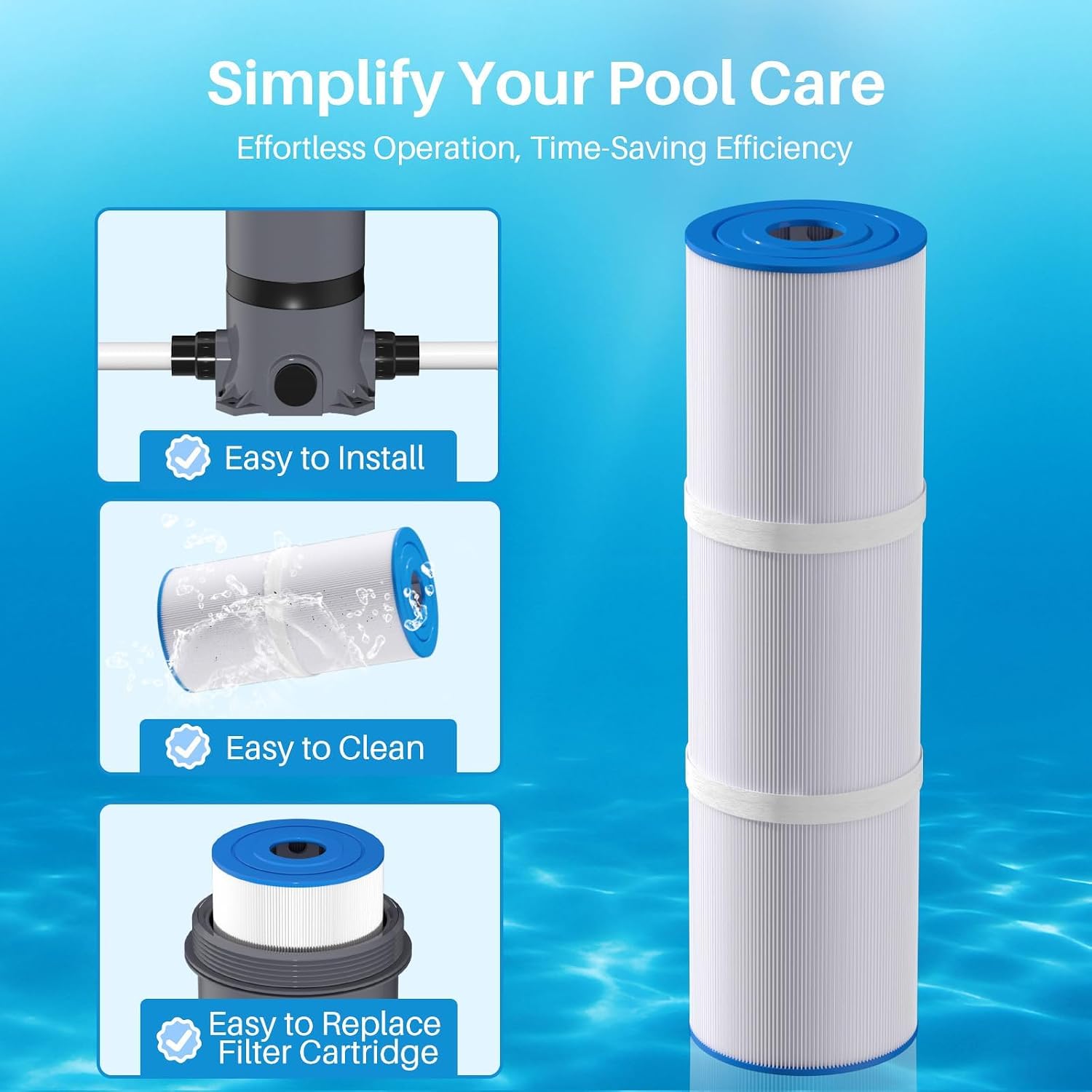 Image illustrating three steps for pool filter care: Easy to Install, Easy to Clean, and Easy to Replace Filter Cartridge, with a large filter cartridge shown on the right.