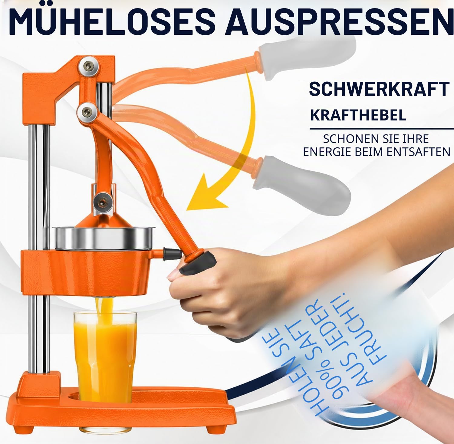 Eurolux Zitruspresse aus Gusseisen | Handelsqualität manuelle Handpresse | Arbeitsplattenpresse für frischen Fruchtsaft (Bonus Edelstahlbecher) (Orange)