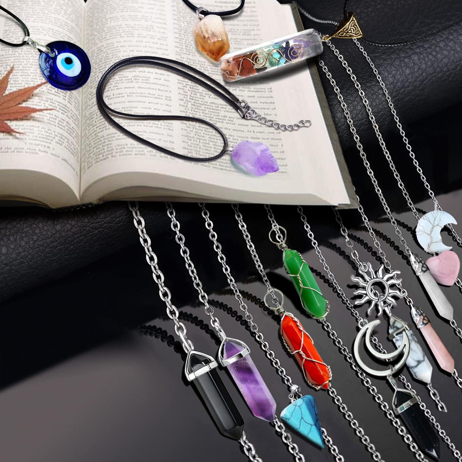 Crystal Necklace 15 PCS Crystal Pendants Jewelry Charms Healing Energy Gemstones Necklaces Quartz Chakra Obsidian Carnelian Evil Eye Heart Amethyst Chains Crystals