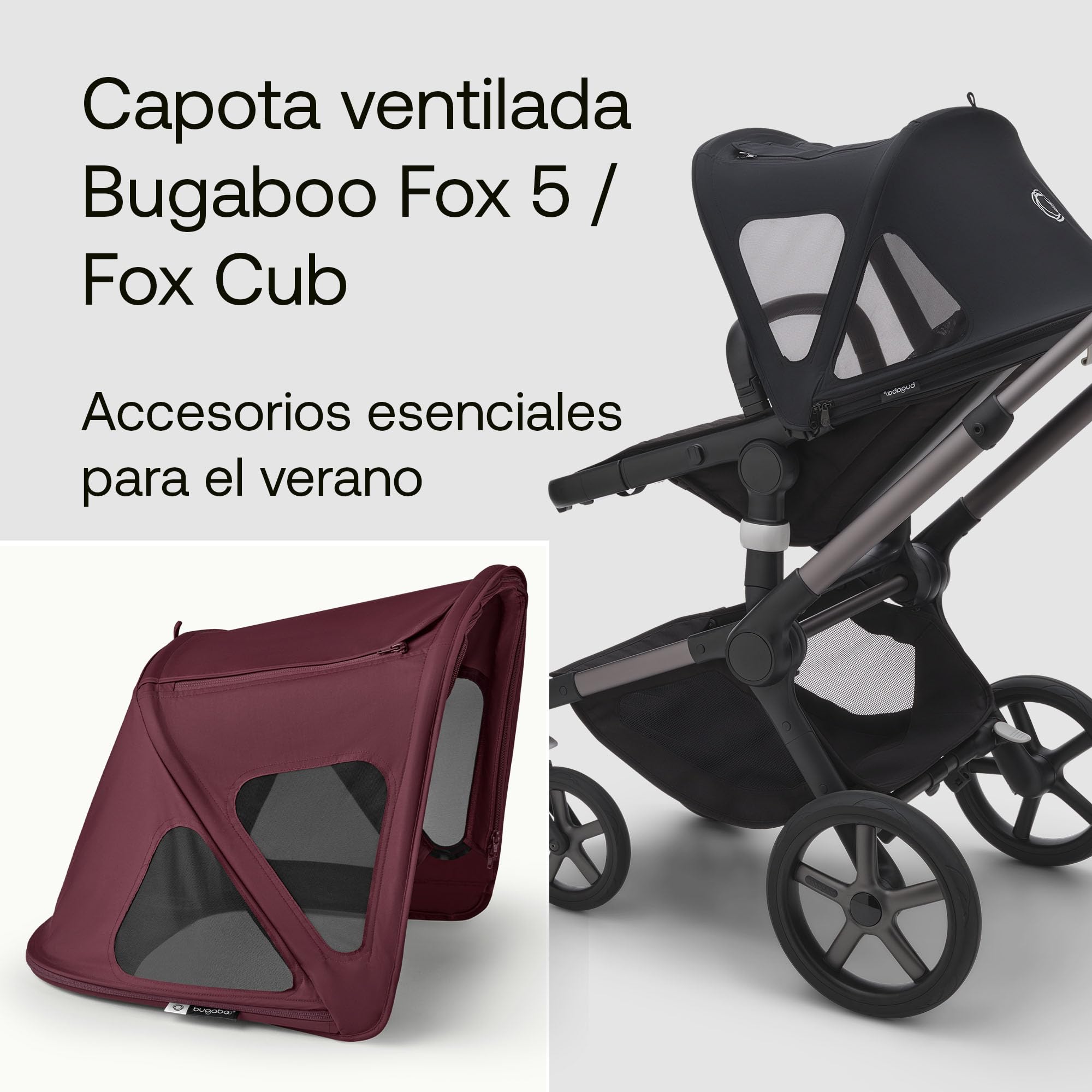 Bugaboo Breezy - Toldo solar con paneles de ventilación y mosquitera integrada, compatible con cochecitos Fox, Kangaroo, Cameleon 3 y Lynx, tela UPF 50+ y protección repelente al agua, cereza oscura
