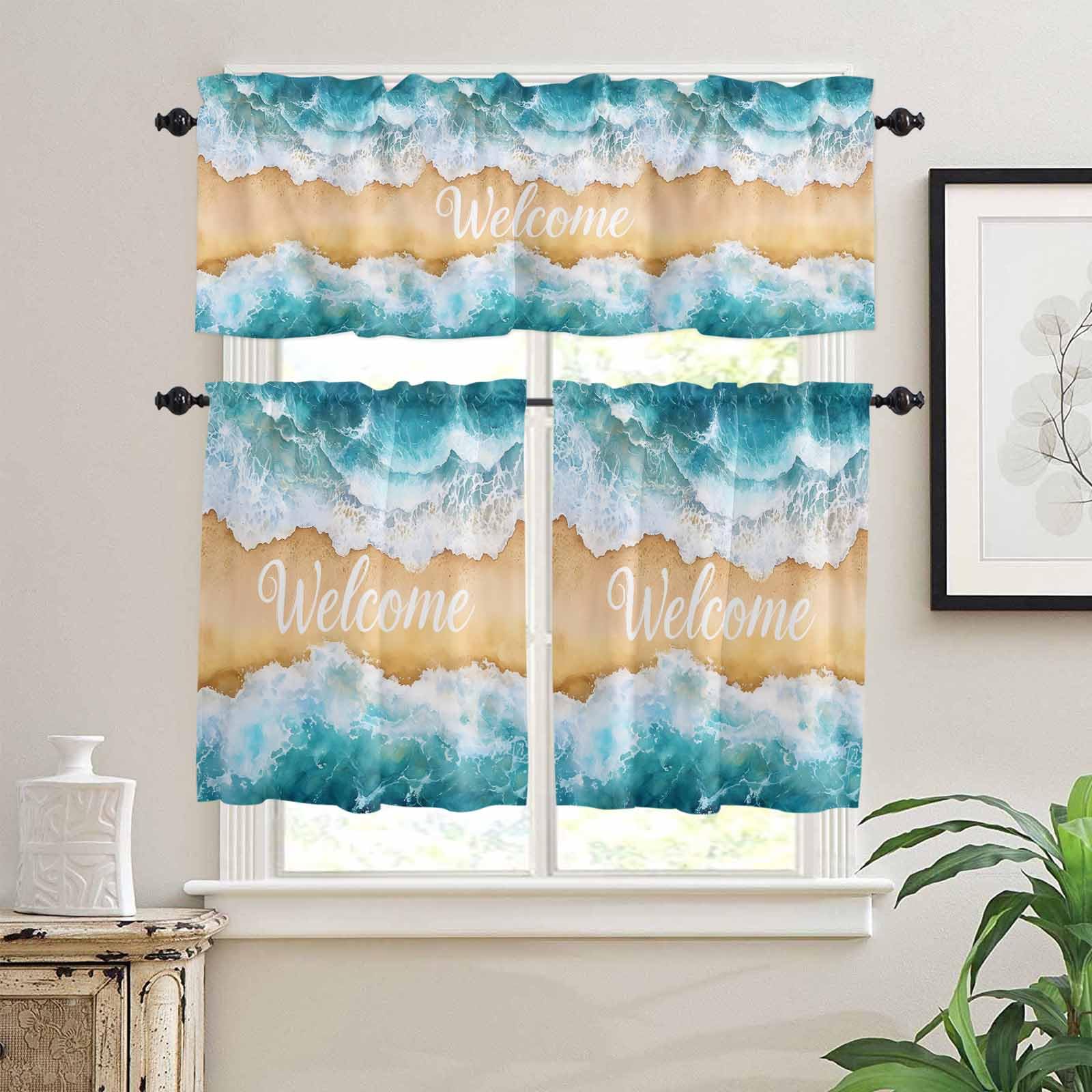 Coastal Beach Kitchen Curtains 24 Inch Length, 3 Piece Rod Pocket Small Half Tiers and Valance Set, Summer Ocean Wave Small Large Window Treatment Decor for Bedroom/Bathroom Sink