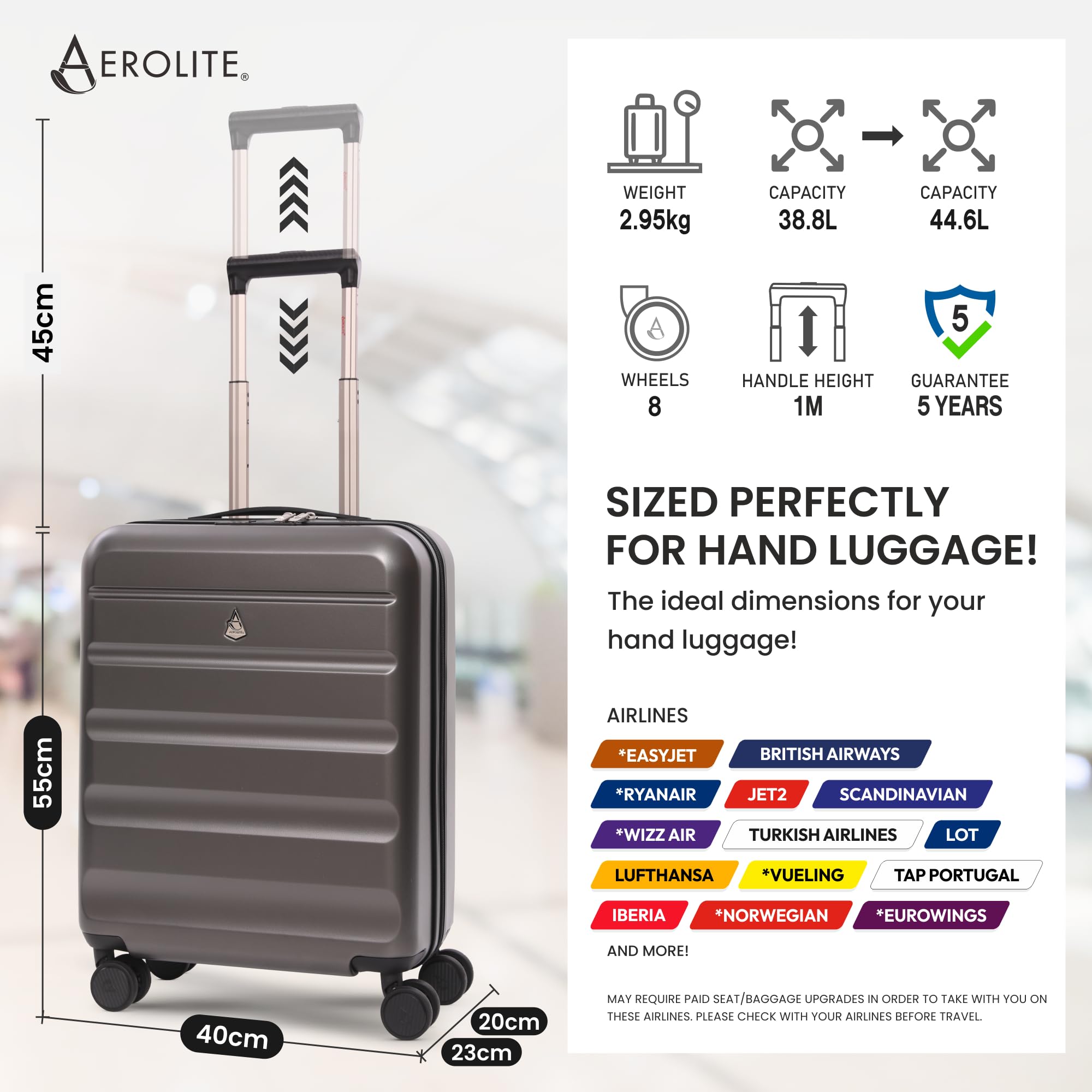 Aerolite 55x40x20 Expandable Ryanair Priority 4 Wheel Cabin Suitcase | Hard Shell Case TSA Lock Max Size 55x40x20cm to 55x40x23 Carry On Hand Cabin Luggage 4 Dual Spinner Wheels Charcoal product thumbnail 3