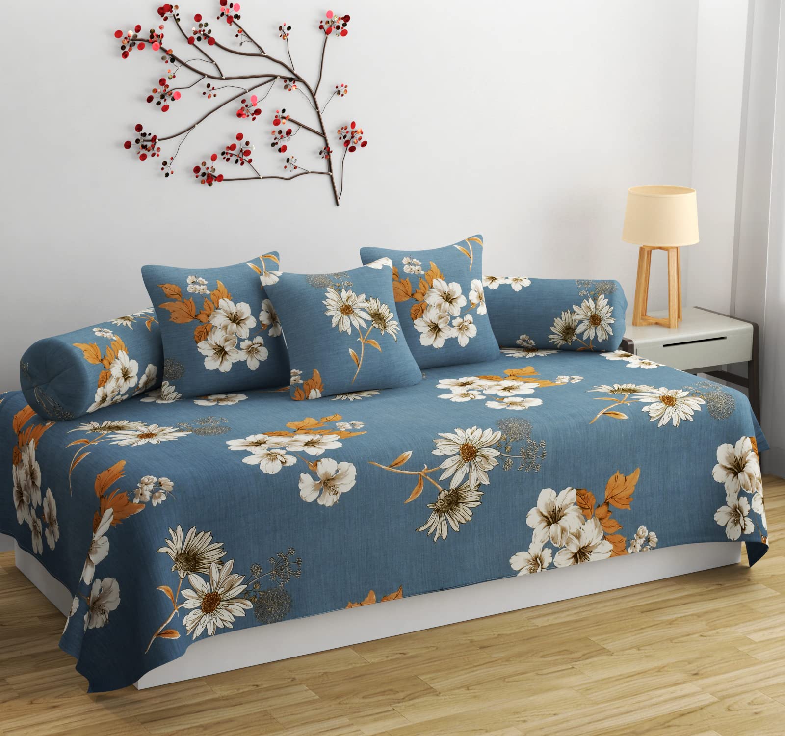 SHOMES Pure Cotton Printed Diwan Set Covers 6 Pieces for Living Room - 1 Single Bed Sheet with 3 Cushion Covers, 2 Bolster Covers - Color Blue, Size Standard (Set of 6 Pcs)-image-15
