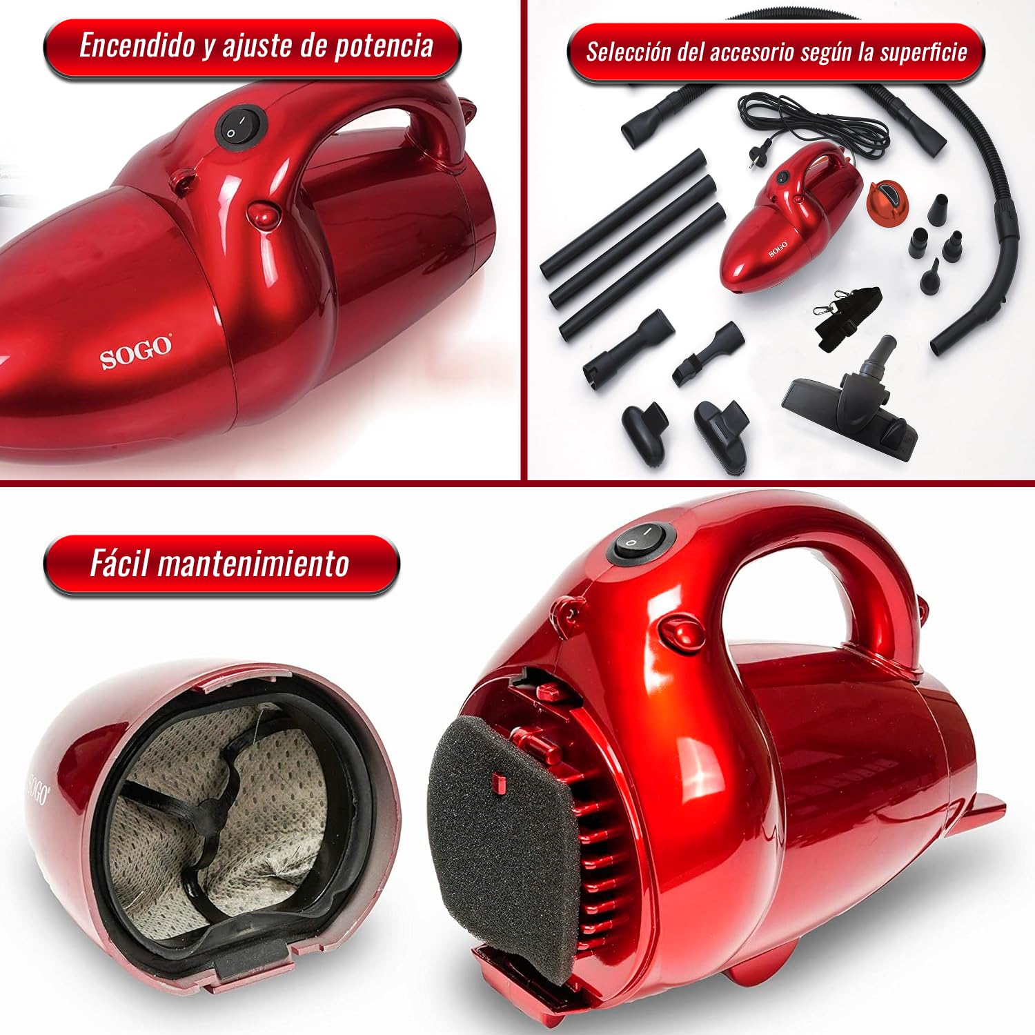 SOGO Mini Aspirador de Mano Potente con 800W – Aspirador y Soplador de Mano para Barrer Hojas – Aspirador de Mano con 3 Capas de Filtros – Aspirador Coche Potente con 11 Accesorios