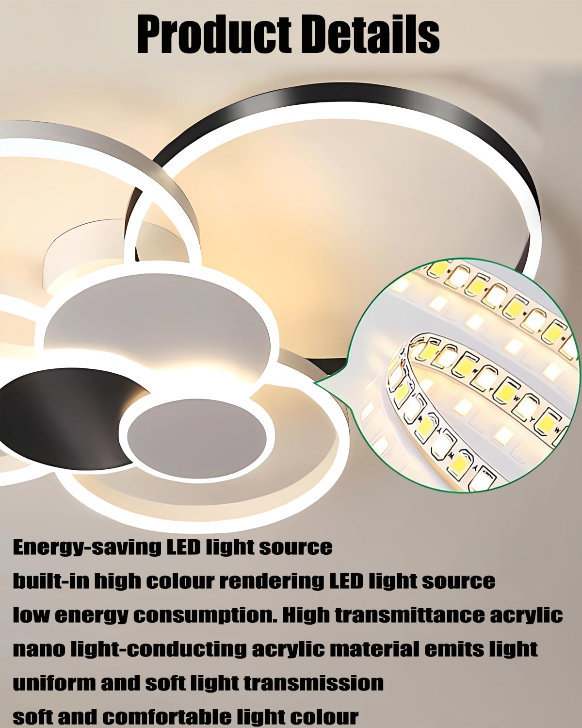 Lampadario LED dimmerabile a 7 anelli-Plafoniera moderna in metallo e acrilico con telecomando luminosità regolabile per il soggiorno la camera la sala da pranzo e l'ufficio (oro nero, 80cm)