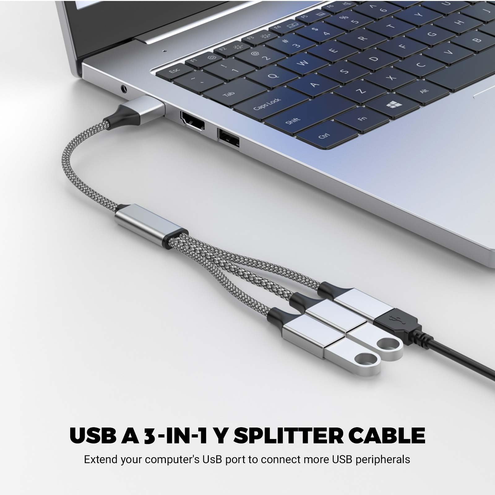 Rozdzielacz USB Y 3 w 1, kabel USB A męski na 3 żeński do komputera PC, laptopa, MacBooka, klawiatury, PS4, PS5, pendrive/LED itp. (srebrny)