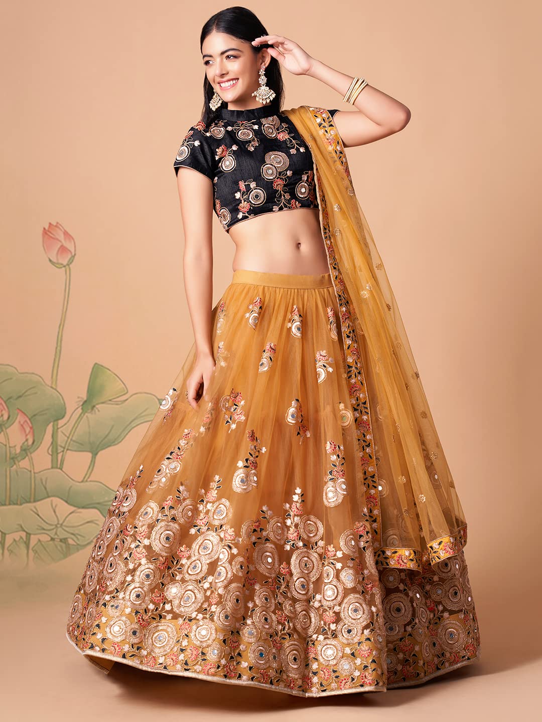 Zeel Clothing Women's Net Embroidered Semi-Stitched Bridal New Lehenga Choli with Dupatta (7318-Gold-Wedding-Bridal-Latest-Lehenga; Free Size) (Gold) 2