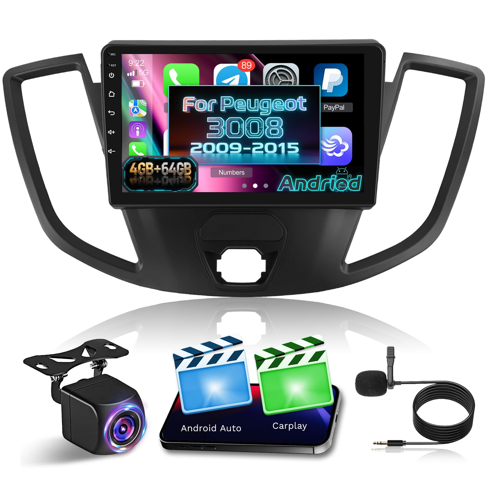 NHOPEEW 4+64G Radio Voiture pour Ford Transit 2015-2018 - Radio Android 9 Pouces avec sans Fil Carplay et Android Auto - Mirror Link 32EQ DSP Écran Divisé + Caméra de Recul & Microphone