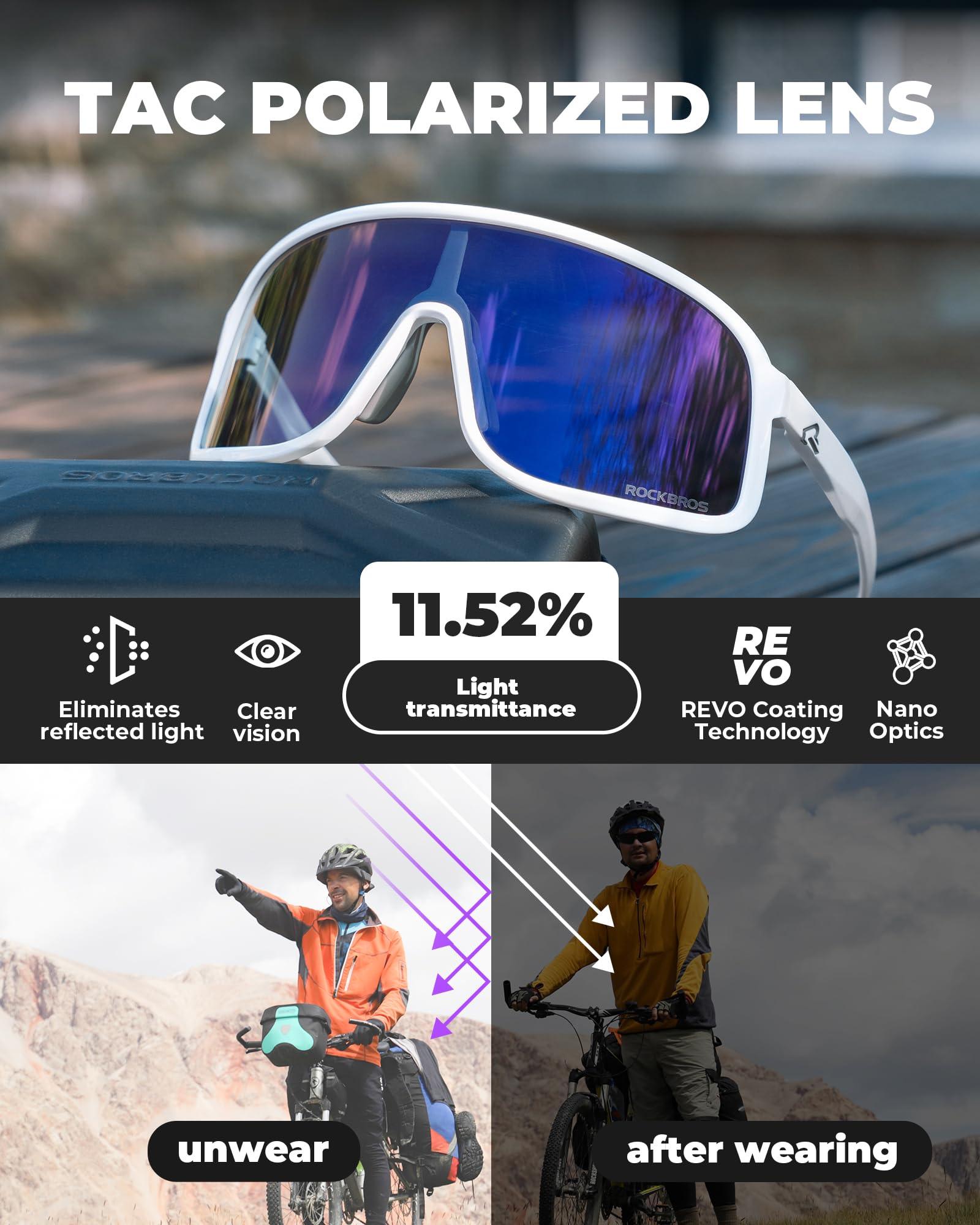 ROCKBROS Lunettes Soleil Polarisées Sport, Cyclisme Lunettes Polarisées Anti-UV400 Verres REVO Cadre TR90 Léger Homme Femme Vélo VTT Pêche Course Golf Sports de Plein Air