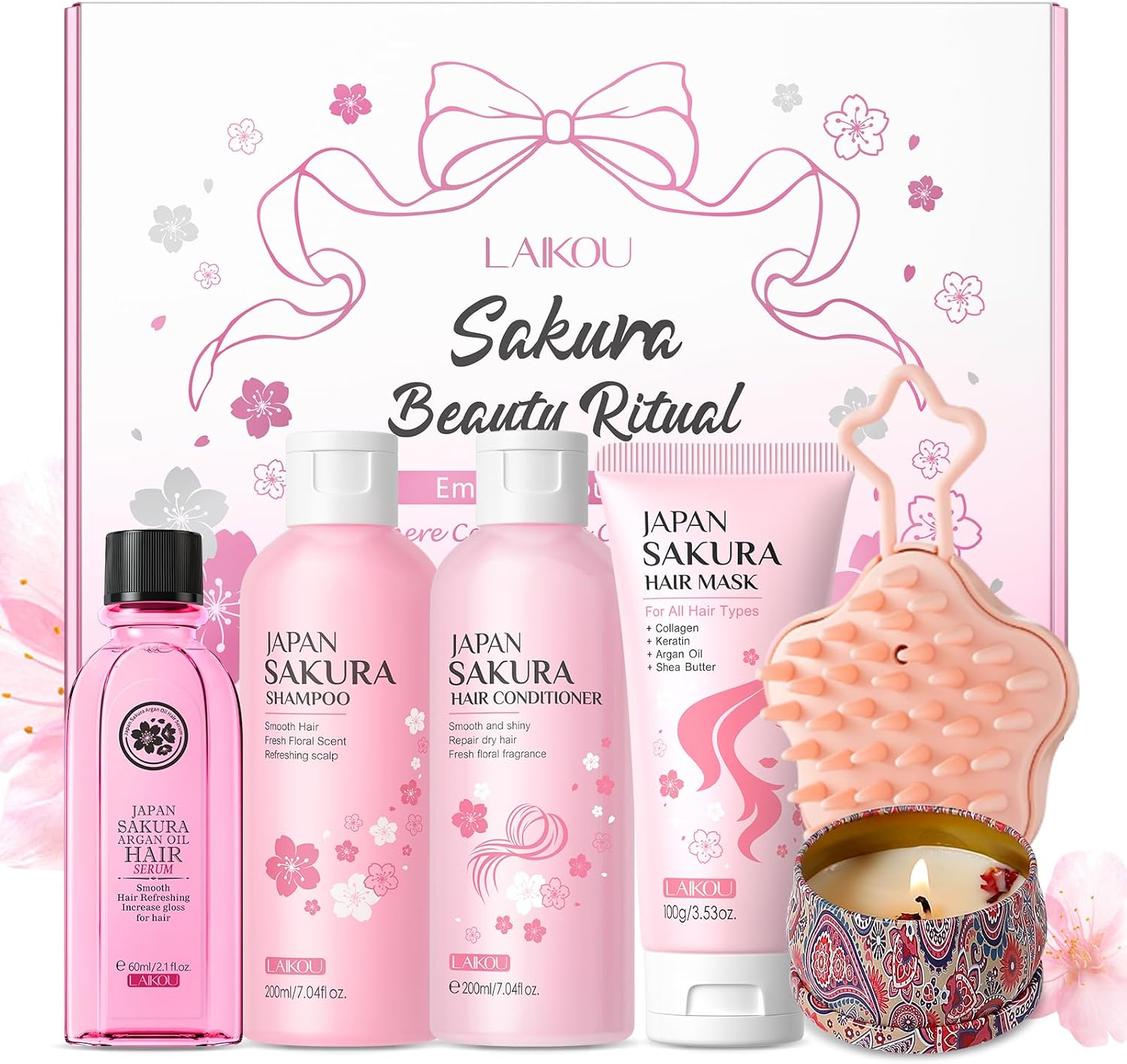 LAIKOU Sakura Set Cuidado Capilar Mujer, con Champú y Acondicionador, Mascarilla Capilar, Aceite Capilar, Scalp Massager, Kit de Cuidado Capilar para un Cabello Saludable