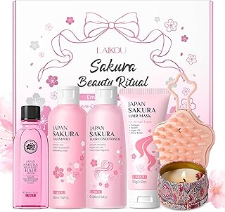 LAIKOU Sakura Women's Hair Care Set, with Shampoo and Conditioner, Hair Mask, Scalp Massage Brush, Toiletry Bag, for Stres...