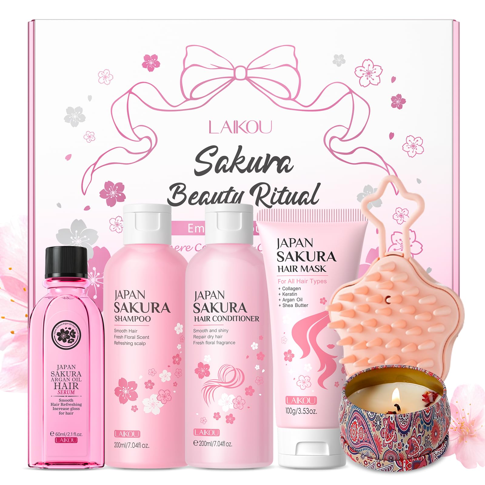 LAIKOU 6 Pièces Sakura Coffret Soin Capillaire Femme, avec Shampoing et Après-Shampoing, Masque Capillaire, Huile Capillaire, Brosse Massage, Parfum D’Ambiance, pour Cheveux Abîmés Stressés