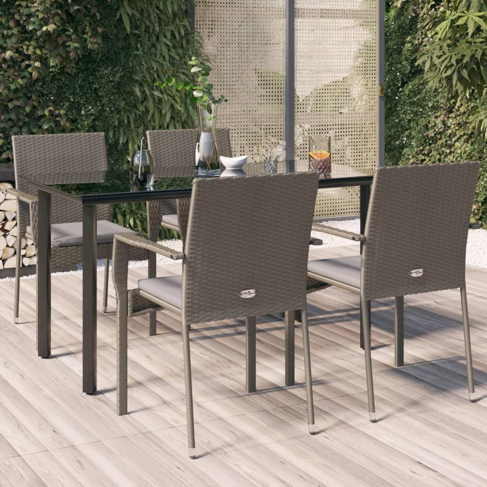 3185139 Set da Pranzo Giardino 5pz Nero e Grigio con Cuscini Polyrattan Testata in Legno,Testata Letto Matrimoniale Muebles Dormitorio Spalliera Letto Testiere per Letto Matrimoniale