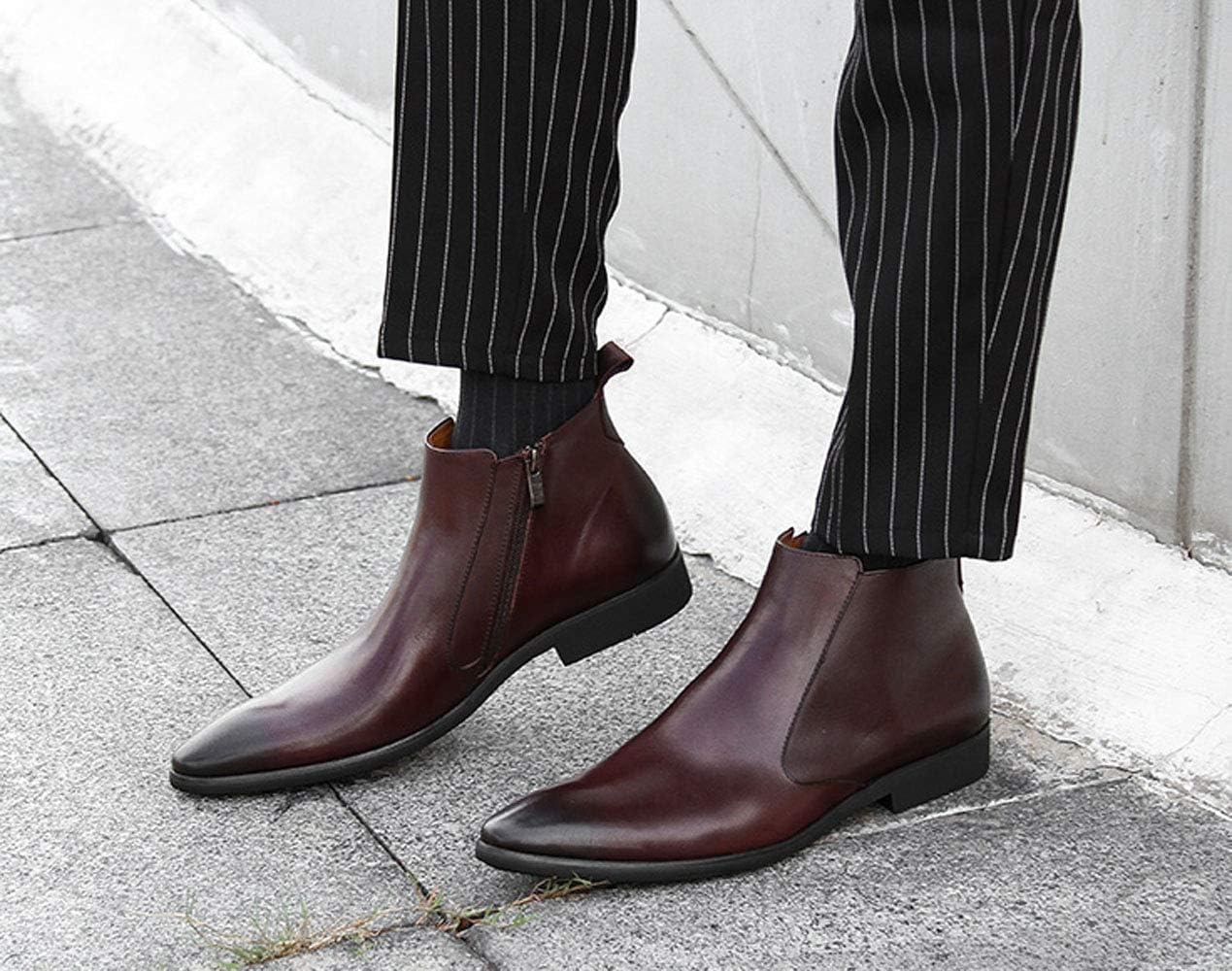Mens Chelsea Boots Leather Zipper Ankle Dress Boots for Men Black Burgundy