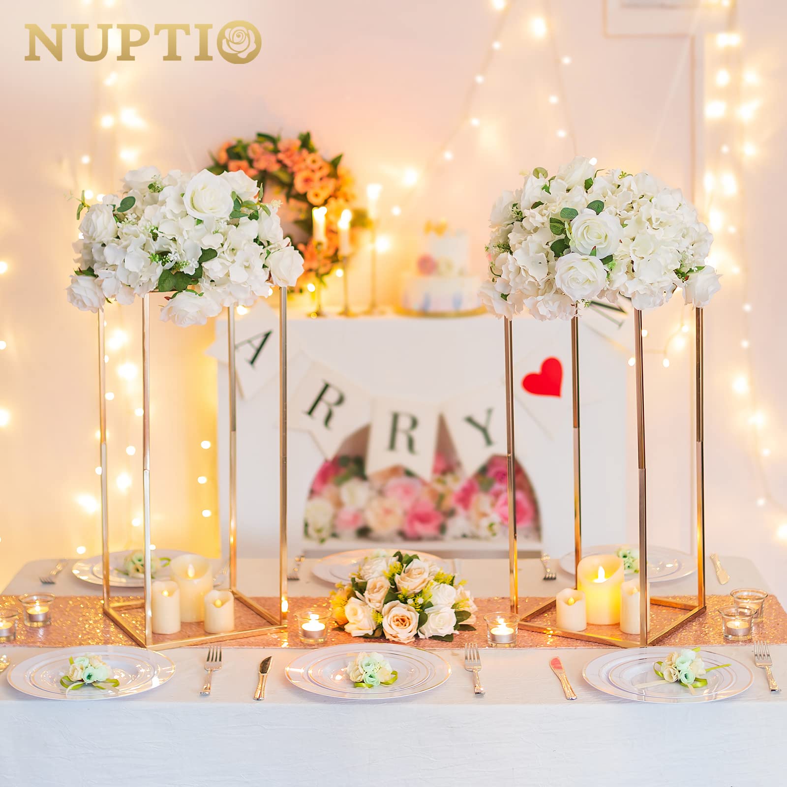 NUPTIO Centres de Tables avec Panneau Acrylique, 60cm Hauteur, 2 Pièces | Construction Métal, Support Fleurs, Doré Présentoir, Colonne pour Mariage, Fêtes, Maison
