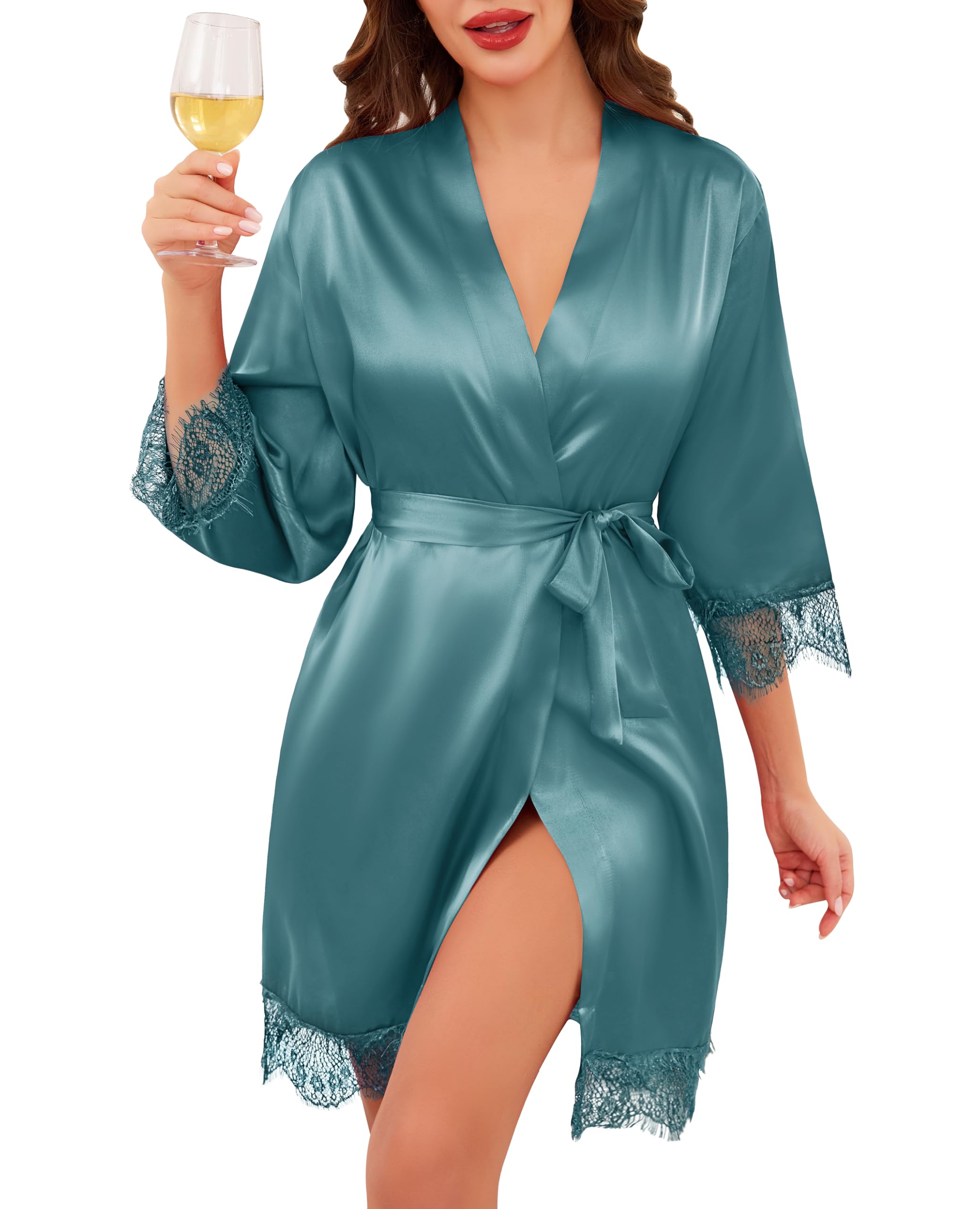 Lovasy Satin Bademantel Damen Kurz Kimono Japanisch Spitze Sexy Morgenmantel für Damen Braut Bademantel Hochzeit Party Pyjama mit Gürtel