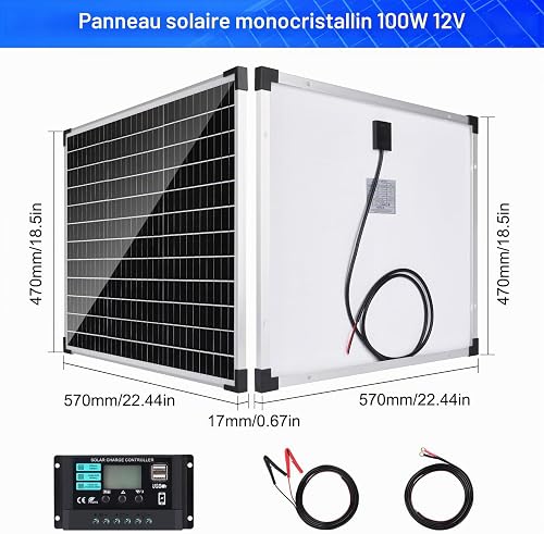【100W Panneau Solaire 12V Kit】DERUXI 100W 12V Panneau Solaire Camping Car Set, 2 Pcs 50W Monocristallin Panneau Solaires, Régulateur de Charge 10A, 4 Pcs Solaire Câble, pour Caravane RV Maison Bateau - 2