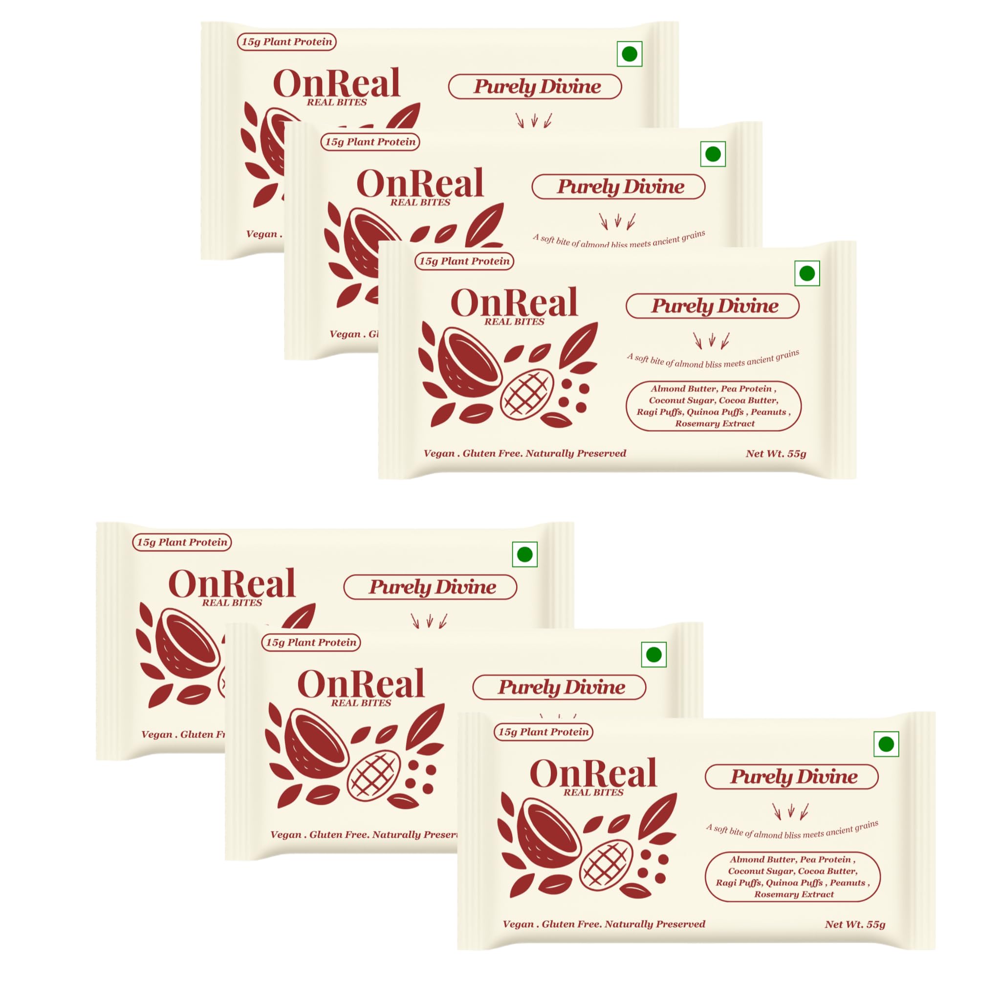 OnReal Purely Divine Plant-Based Protein Bars (Pack of 6 x 55g Each) | 15g Protein, No Refined Sugar, High Fiber | Almond Butter, Ragi & Quinoa Puffs | Vegan, Gluten-Free | Clean Label Snack-image-8