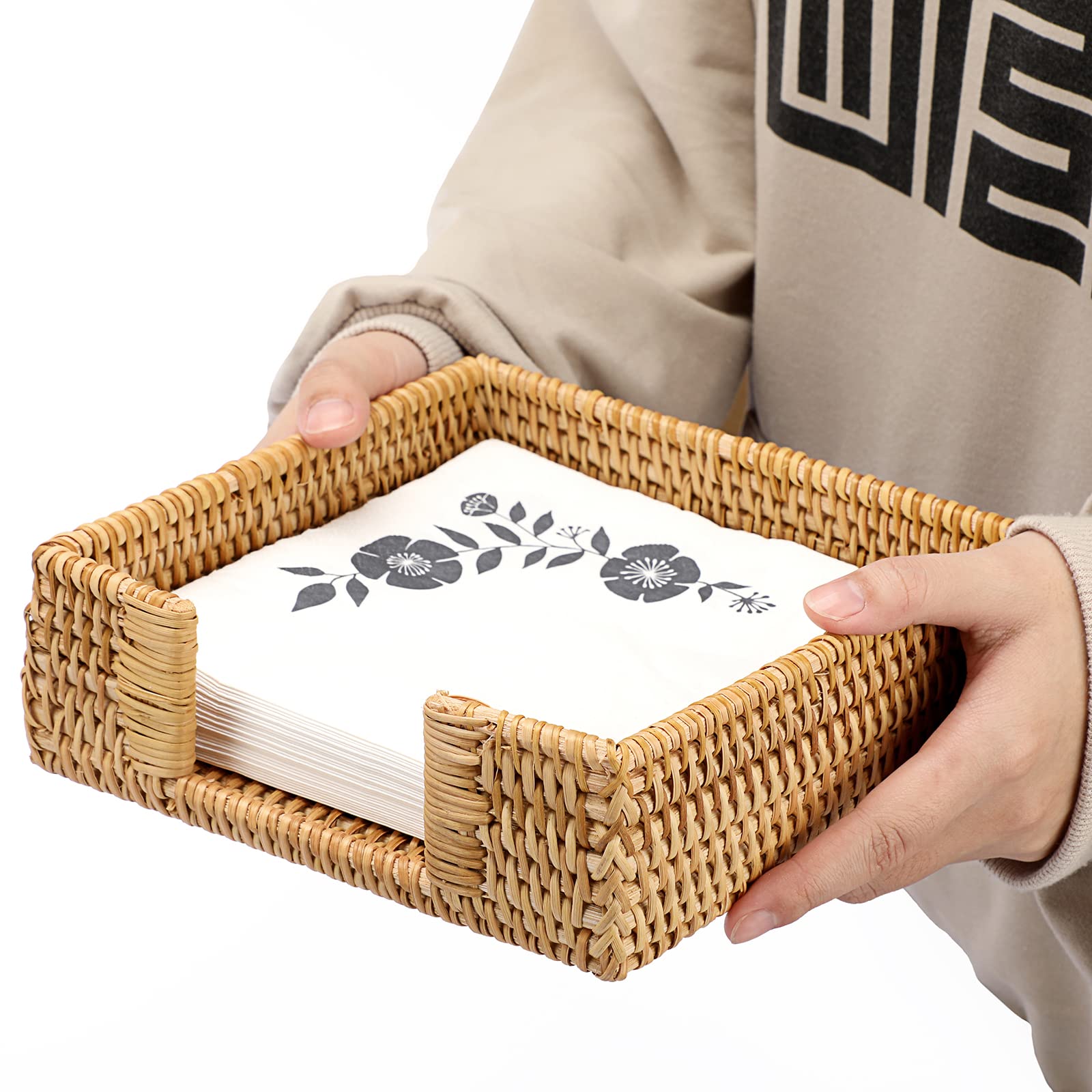 Porta Tovaglioli Quadrato In Rattan, Cesto Portaoggetti Per Bagno E Cucina, 20x20x6.7 Cm, Fatto A Mano - 5