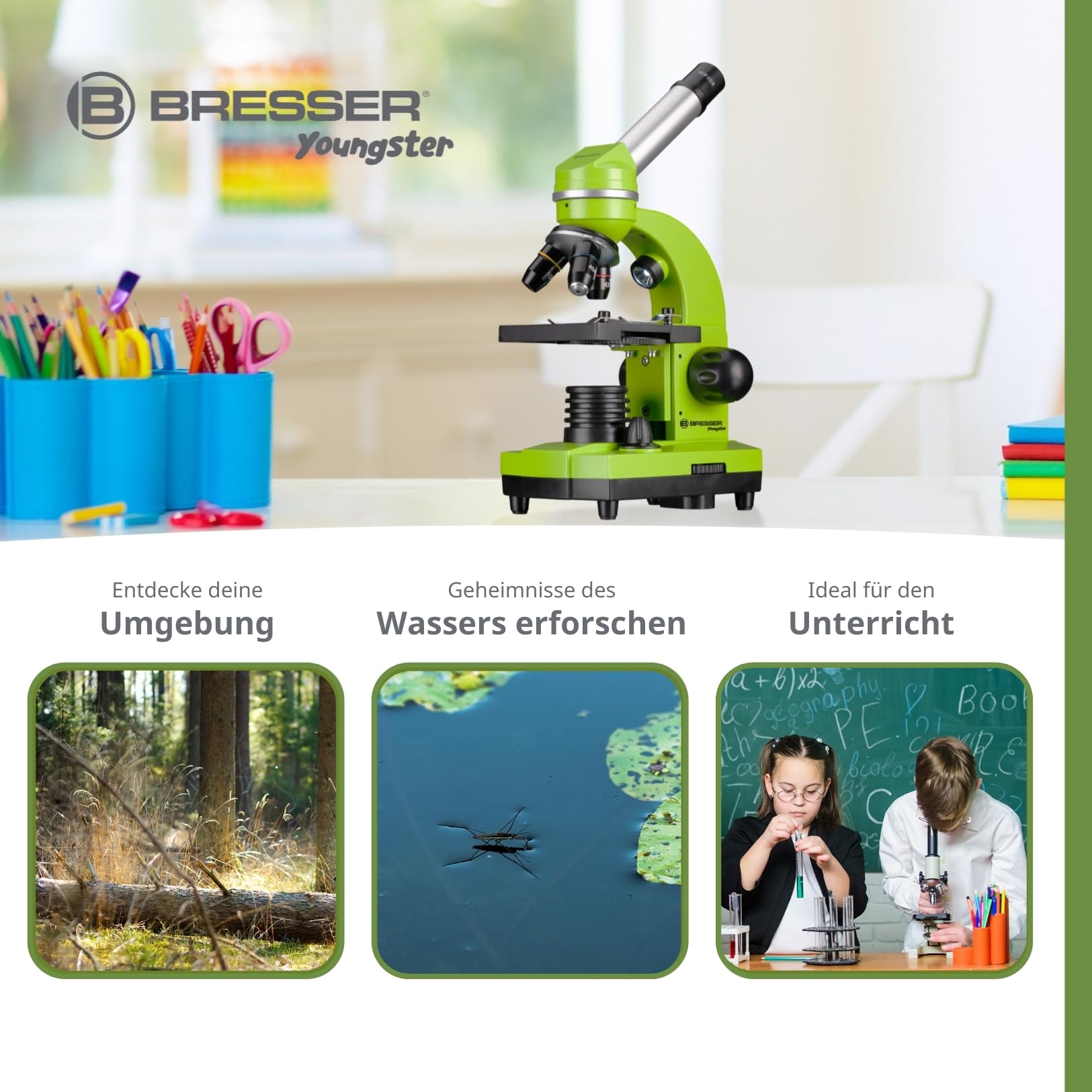Bresser Junior Schülermikroskop BIOLUX SEL mit Smartphonehalter, reichhaltigem Zubehör und Barlow-Zoom-System für Kinder, Einsteiger und Erwachsene, grün