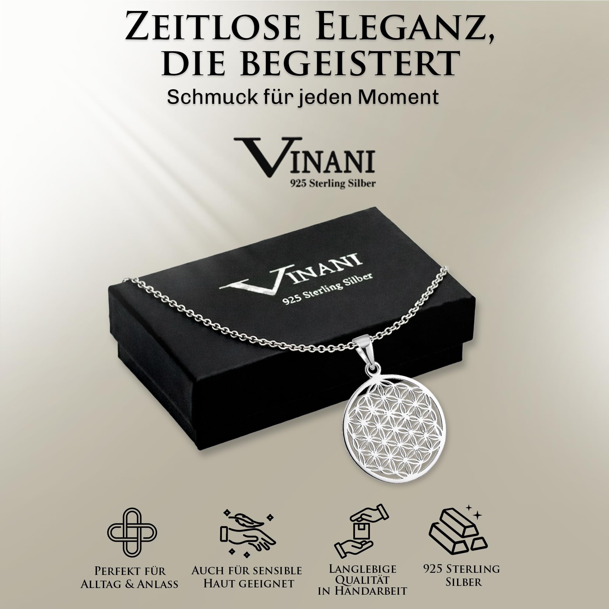 Vinani Lebensblume Damen Anhänger mit Erbskette Sterling Silber 925 (ALB-T) | Lebensblume Anhänger aus 925 Sterling Silber mit Erbskette aus Italien, nickelfrei, glänzend.