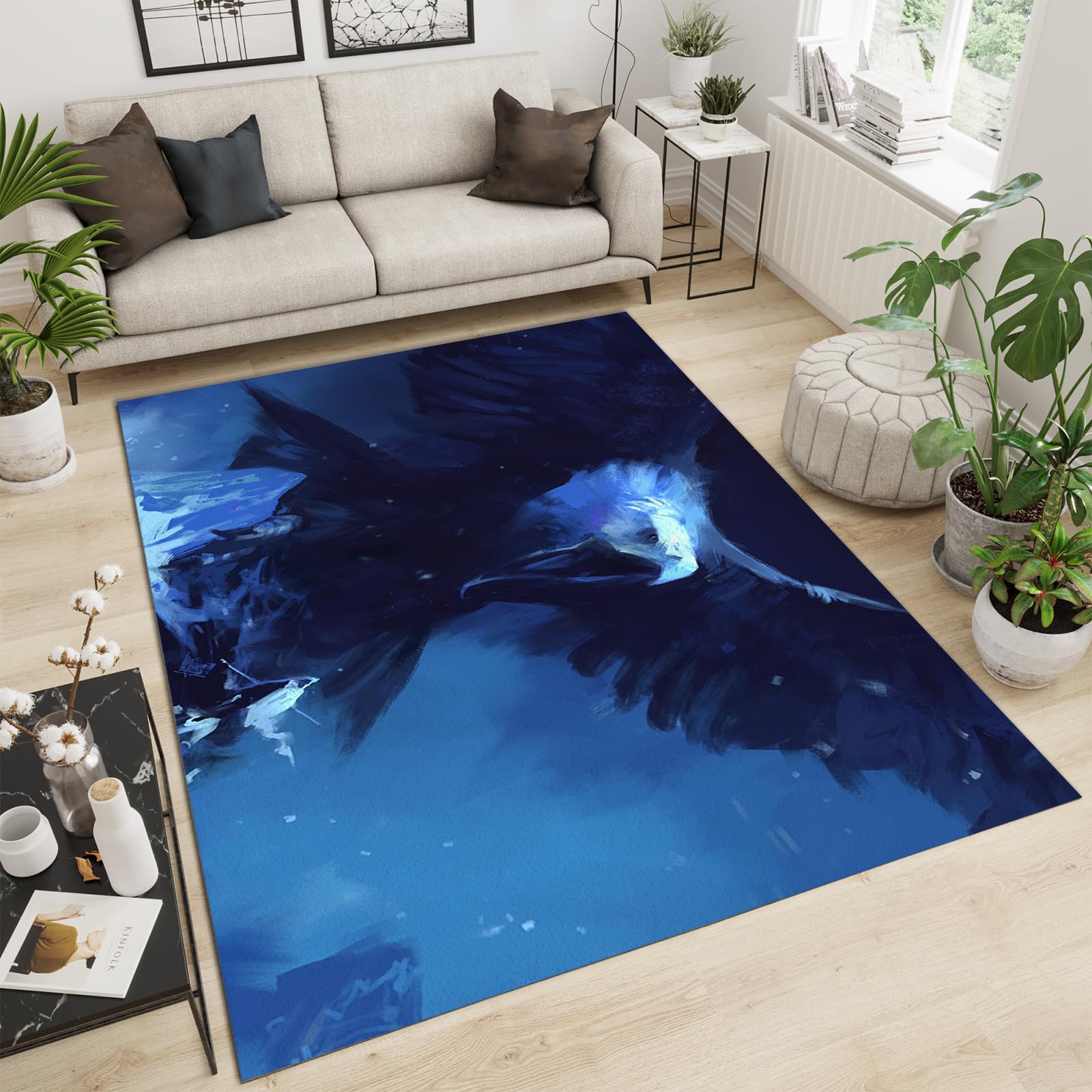 Blue Vulture Eagle Area Rugs, Simple Snow Mountain Doodle Animals Living Room Carpet, Carpet Mat Do Not Fade Pattern Clear Apply to Dining Room Children's Room,3×5ft/90 * 150cm