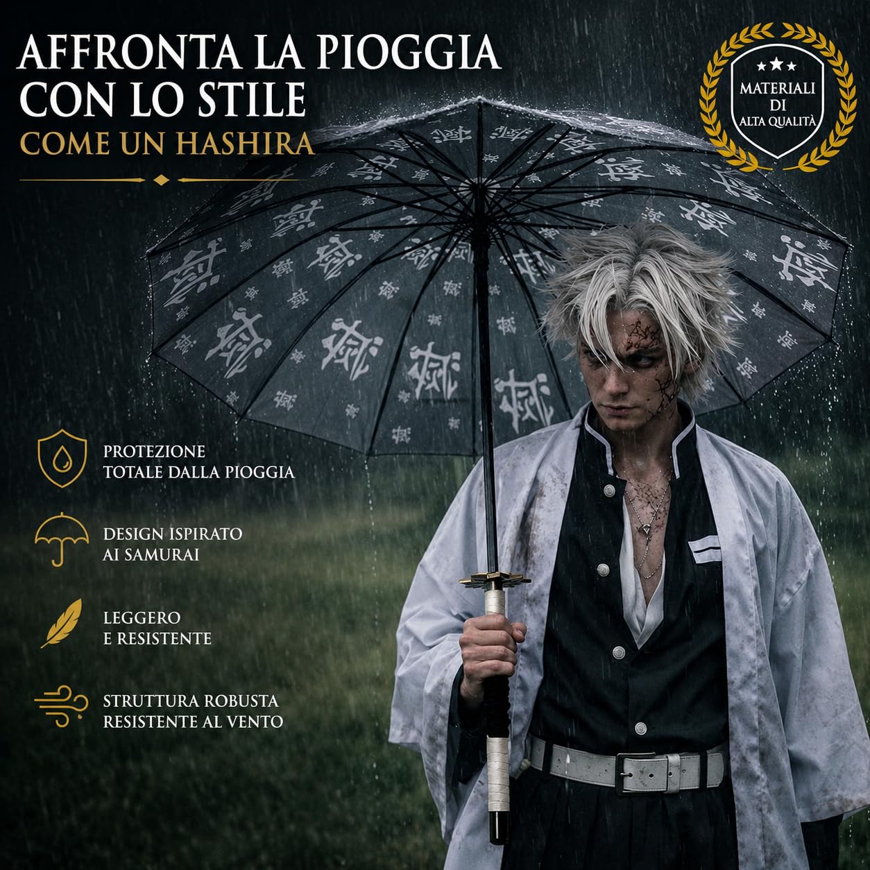 Demon Slayer Ombrello - Anime Pioggia Cosplay Katana Apertura Automatica Spada Ninja Parasole, Nero, Bianco