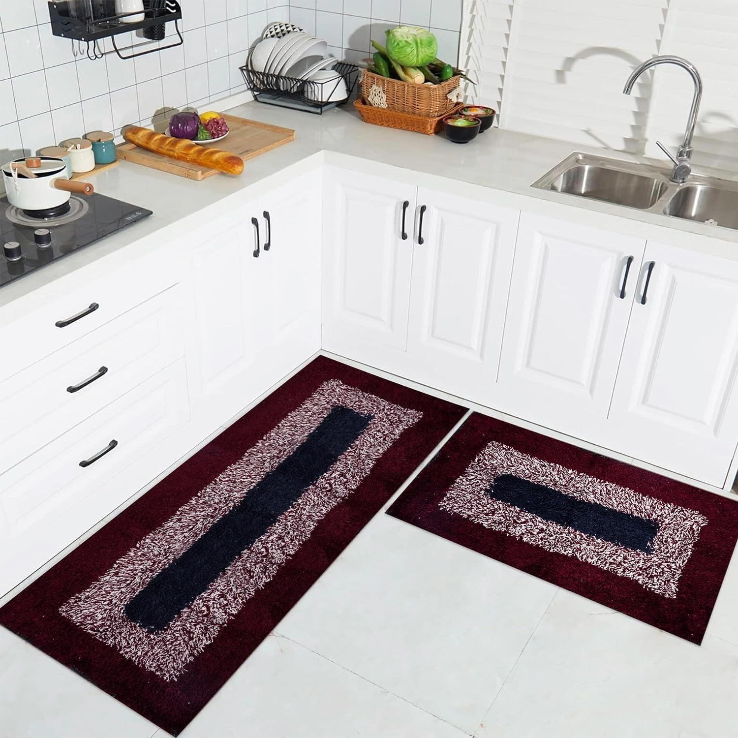 Chetak Handloom Kitchen Set Luxury Kitchen Floor Door Mat Runner Doormat for Kitchen Kitchen Set | Door Mat & Kitchen Runner Set | 2 Pcs Set | Red