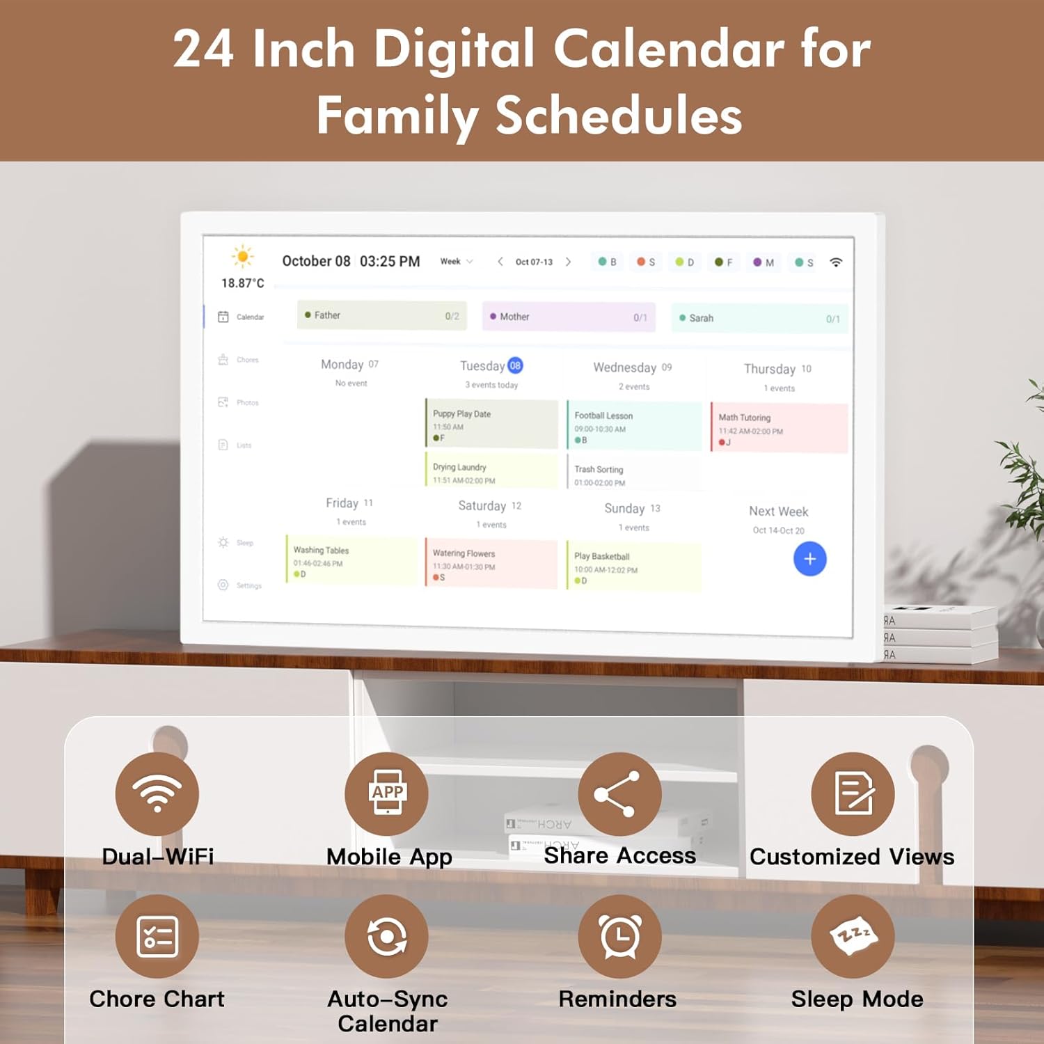 24インチ スマートカレンダー デジタル雑用チャート プランナー - タッチスクリーンディスプレイ 家族のスケジュール用電子