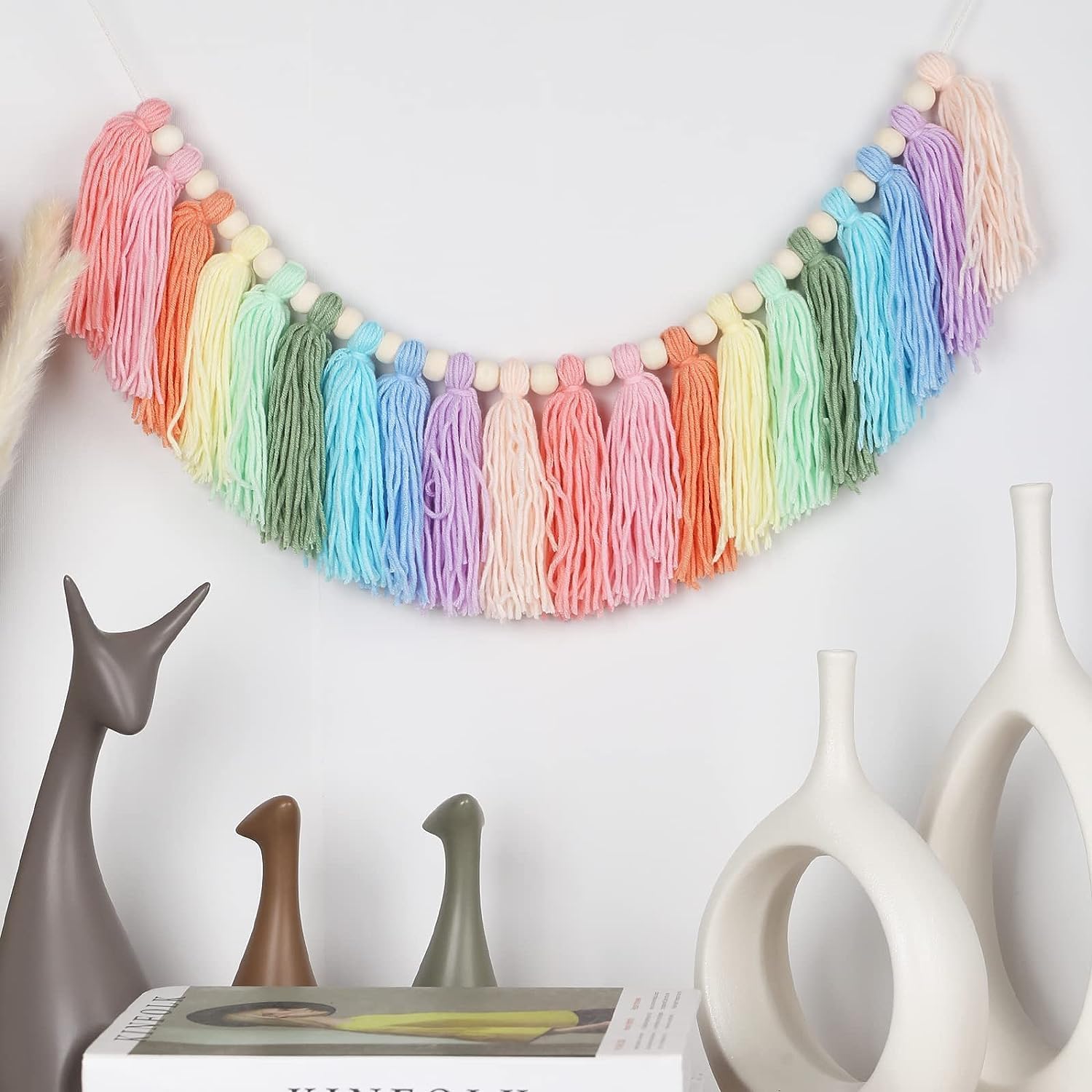 Pastel Rainbow Tassel Garland - Boho Tassel Garland with Wood Beads - Wall Decor for Dorm, Girls Room and Nursery Room for Home Party Baby Shower Supplies(D)