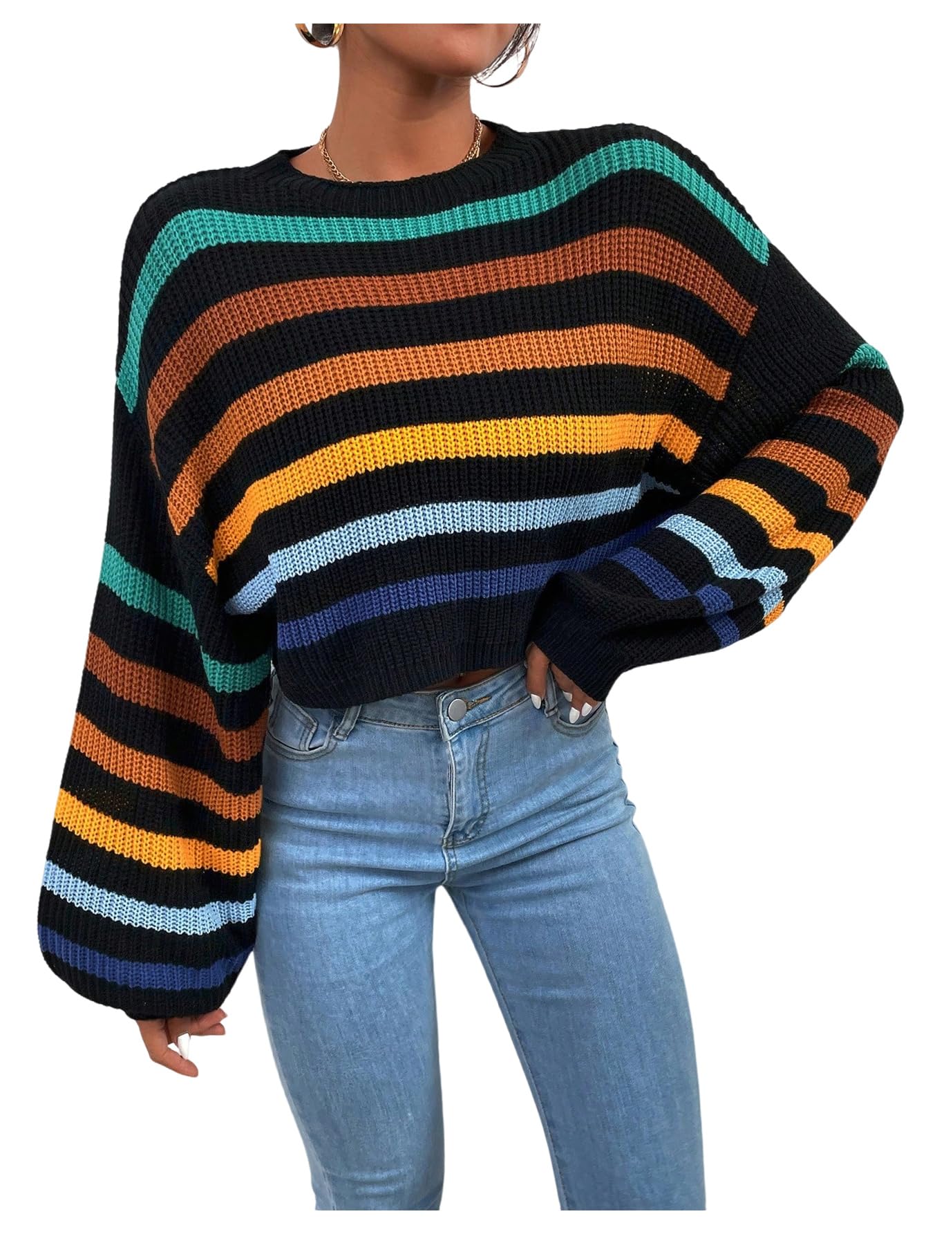 MakeMeChic Womens Striped Sweater Crew Neck Lantern Sleeve Pullovers Crop Tops