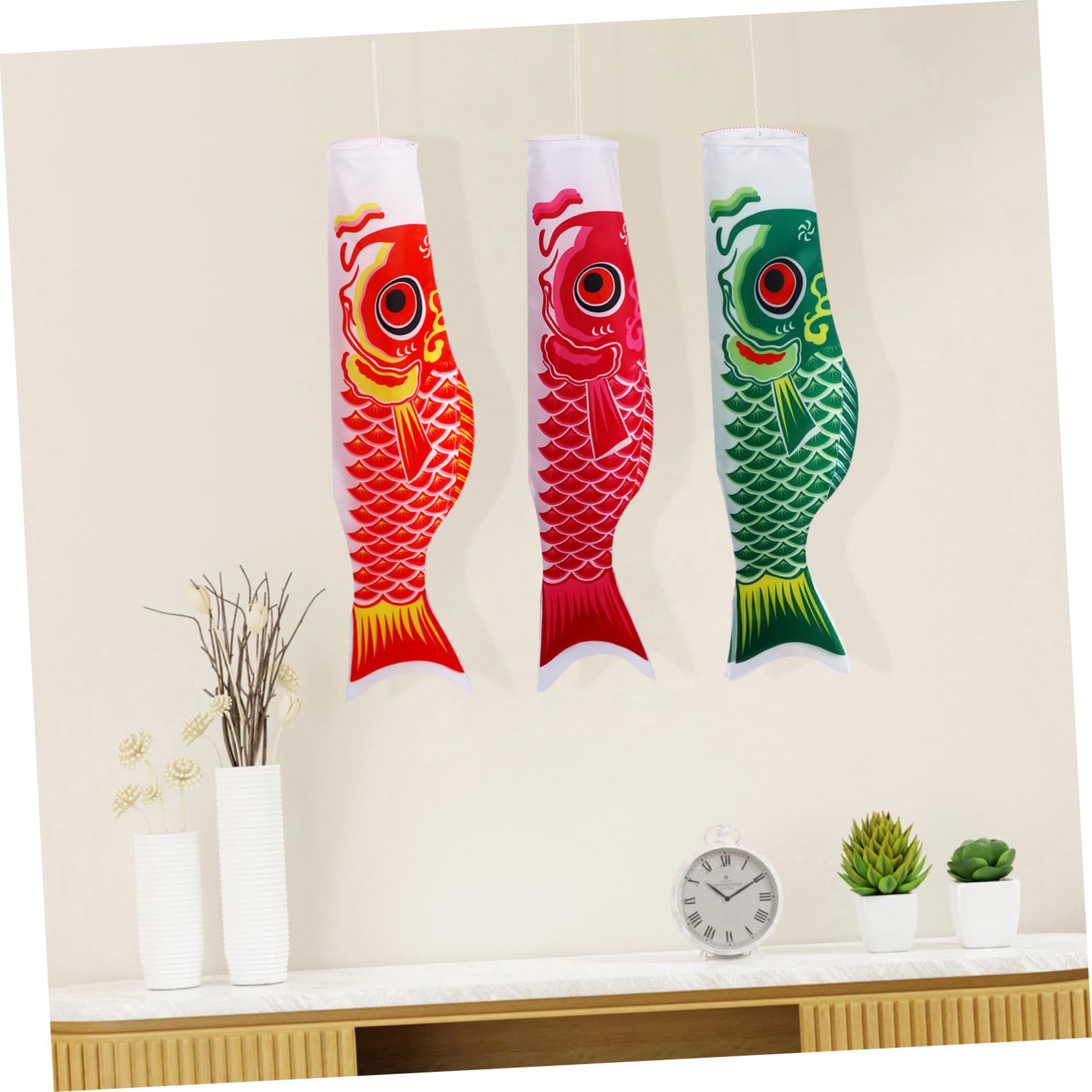 Drapeaux de Poissons Japonerie en Satin 5pcs à Suspendre, Décorations Extérieures Élégantes pour Jardin et Patio, Style Japonerie Facile à Utiliser