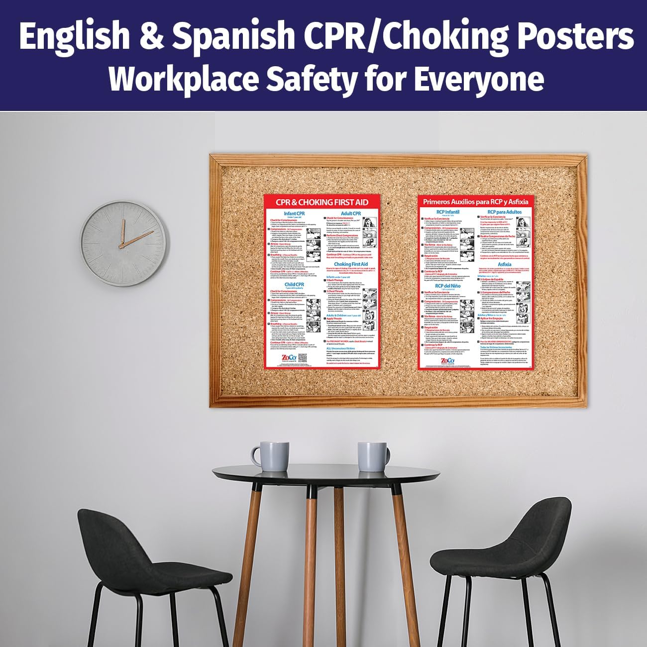 ZOCO – CPR & Choking First Aid Posters (2-Pack, English & Spanish) – Laminated 12x18 Compliance Signs – Restaurant, Workplace, School Nurse Office, Daycare, Medical Clinic Wall Charts