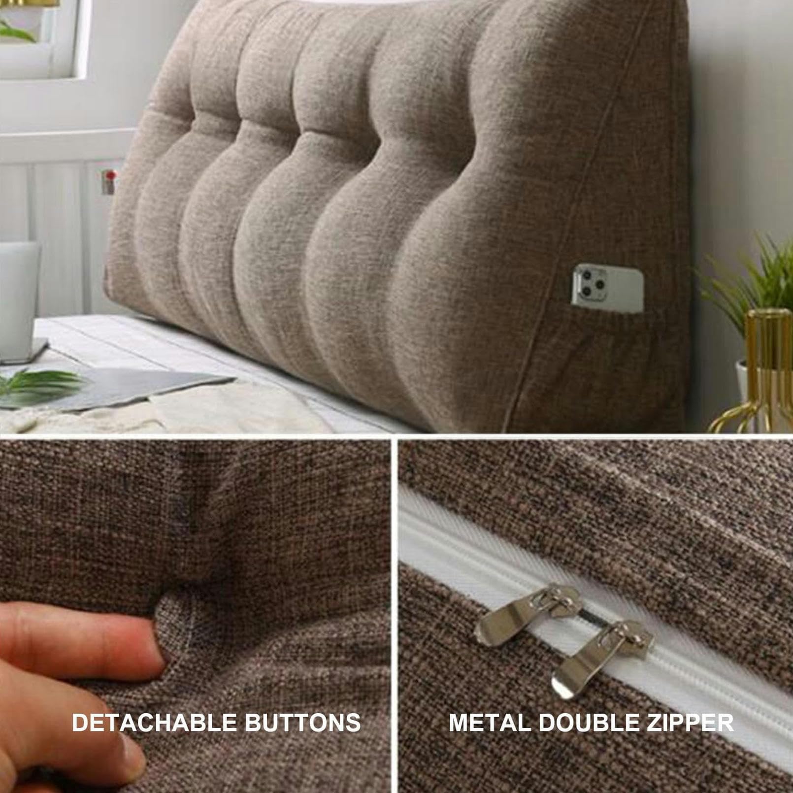 Almohada triangular grande para cabecero de cama, cojín de lino y algodón para leer, soporte de espalda, funda extraíble, cómoda almohada de posicionamiento