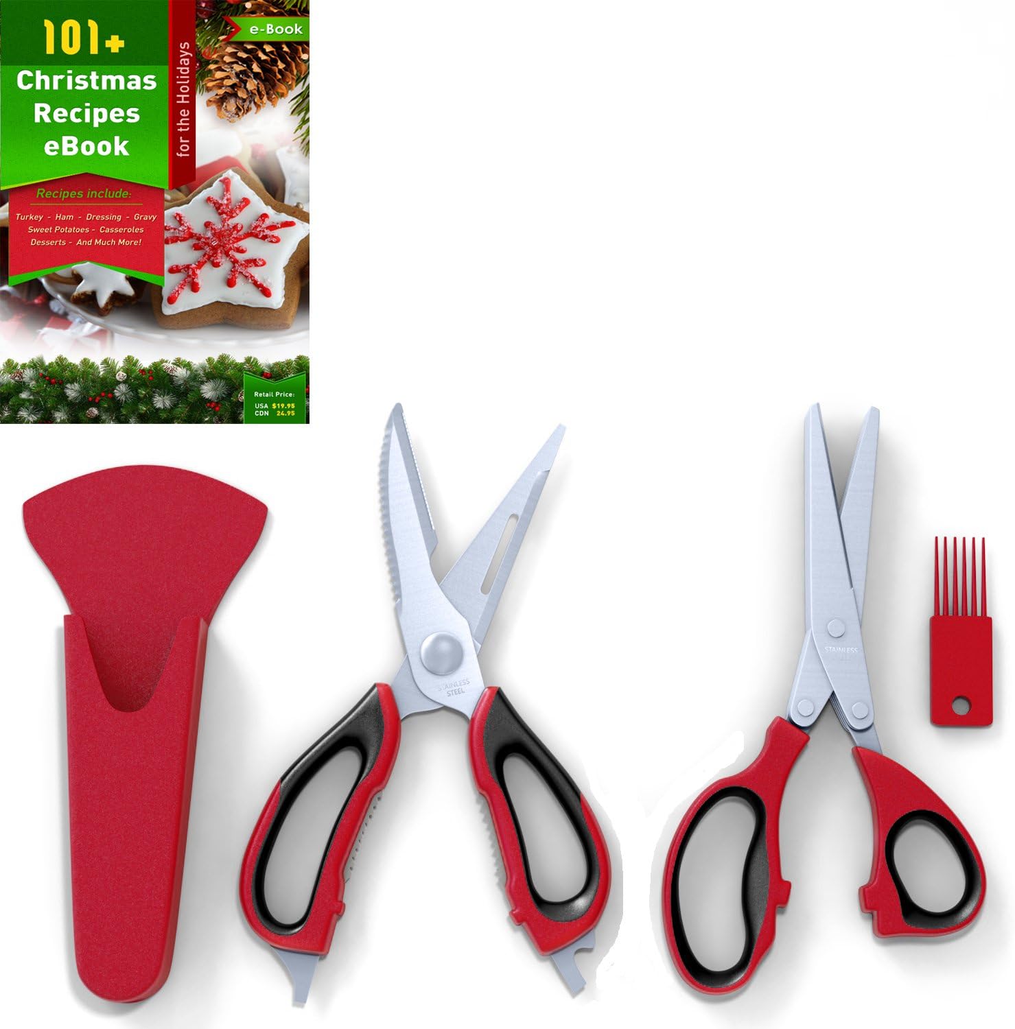 Kitchen Herb Shears (5 Blades) and Multi-purpose Kitchen Scissors Set, Red and Black, Stainless Steel, Plus 121 Cooking Secrets Ebook