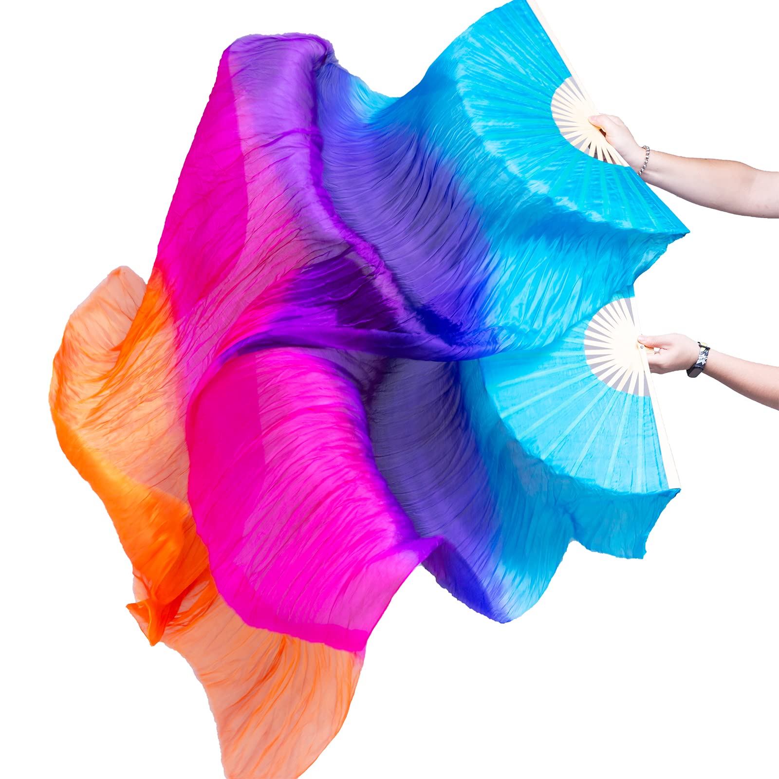 FJYIRI 1 Pair(Left+Right) Women Belly Dance Long Real Silk Fan Veils (Gradual Orange1)