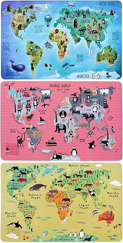 Juego de 3 manteles individuales con diseño de mapa del mundo, diseño educativo de geografía de animales, para niños, mesa de plástico, divertidos,